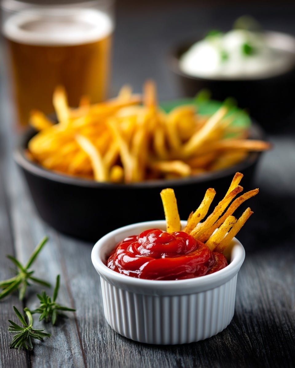 The image shows a small white ramekin filled with bright red ketchup, with golden thin fries standing upright in it. Behind this ramekin, there are two small black bowls, one containing more fries and the other with a creamy white sauce with a few green herbs. The scene is set on a dark wood textured surface with a blurred background that makes the fries and sauces the focus. In the foreground, a clear glass with light beer is partially visible. photo taken with an iphone --ar 4:5 --v 7