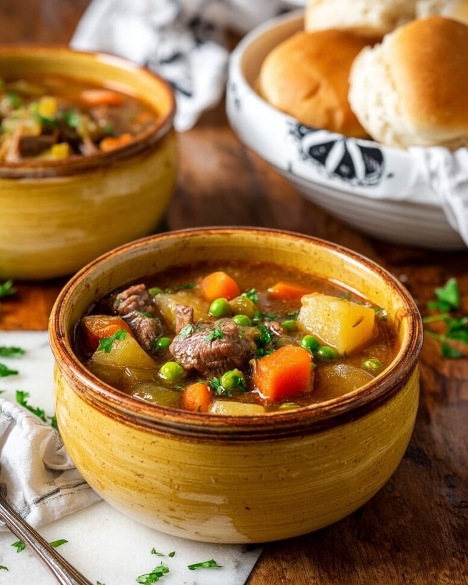 A rustic yellow bowl filled with a thick stew sits on a wooden table with a few scattered parsley leaves around it; the stew has visible layers of chunky pieces including orange carrot slices, green peas, light yellow potato cubes, brown tender meat chunks, bits of celery, and translucent onion pieces all floating in a brown broth, garnished with fresh green parsley on top, with another similar bowl blurred in the background and a white bowl full of round golden bread rolls partially covered with a white cloth with black print next to it, all set on a white marbled surface; photo taken with an iphone --ar 4:5 --v 7