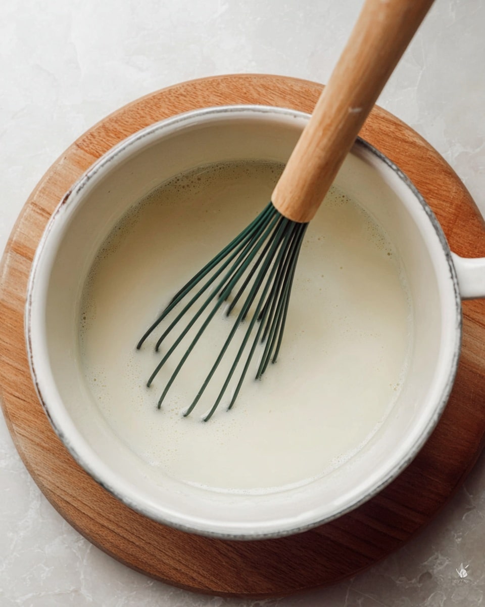 The image shows a close-up of a white pot with a smooth, light cream mixture inside. A whisk with a wooden handle and dark green wires rests in the pot, partially submerged in the creamy liquid. The pot sits on a round wooden board, all placed on a background with a white marbled texture. Photo taken with an iphone --ar 4:5 --v 7