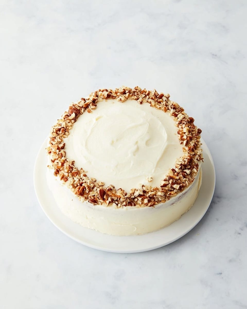 A round, two-layer cake sits on a white plate against a white marbled texture background. The cake is covered with smooth, creamy white frosting. Around the top edge, there is a ring of chopped brown nuts, adding a rough texture contrast. The center of the cake's top is plain with a slightly swirled frosting texture, showing the soft and even covering of cream. photo taken with an iphone --ar 4:5 --v 7