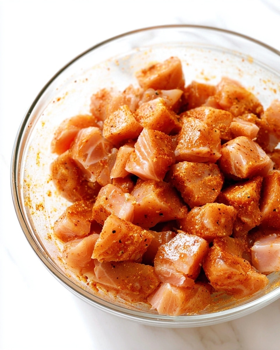 A clear glass bowl filled with many small, cubed pieces of raw fish coated in a light orange-red spice mix. The fish pieces have a shiny and slightly wet texture, showing their fresh and soft quality. The bowl sits on a white marbled surface, and the fish cubes are piled up evenly within the bowl, with some pieces showing more seasoning on the edges. Photo taken with an iphone --ar 4:5 --v 7