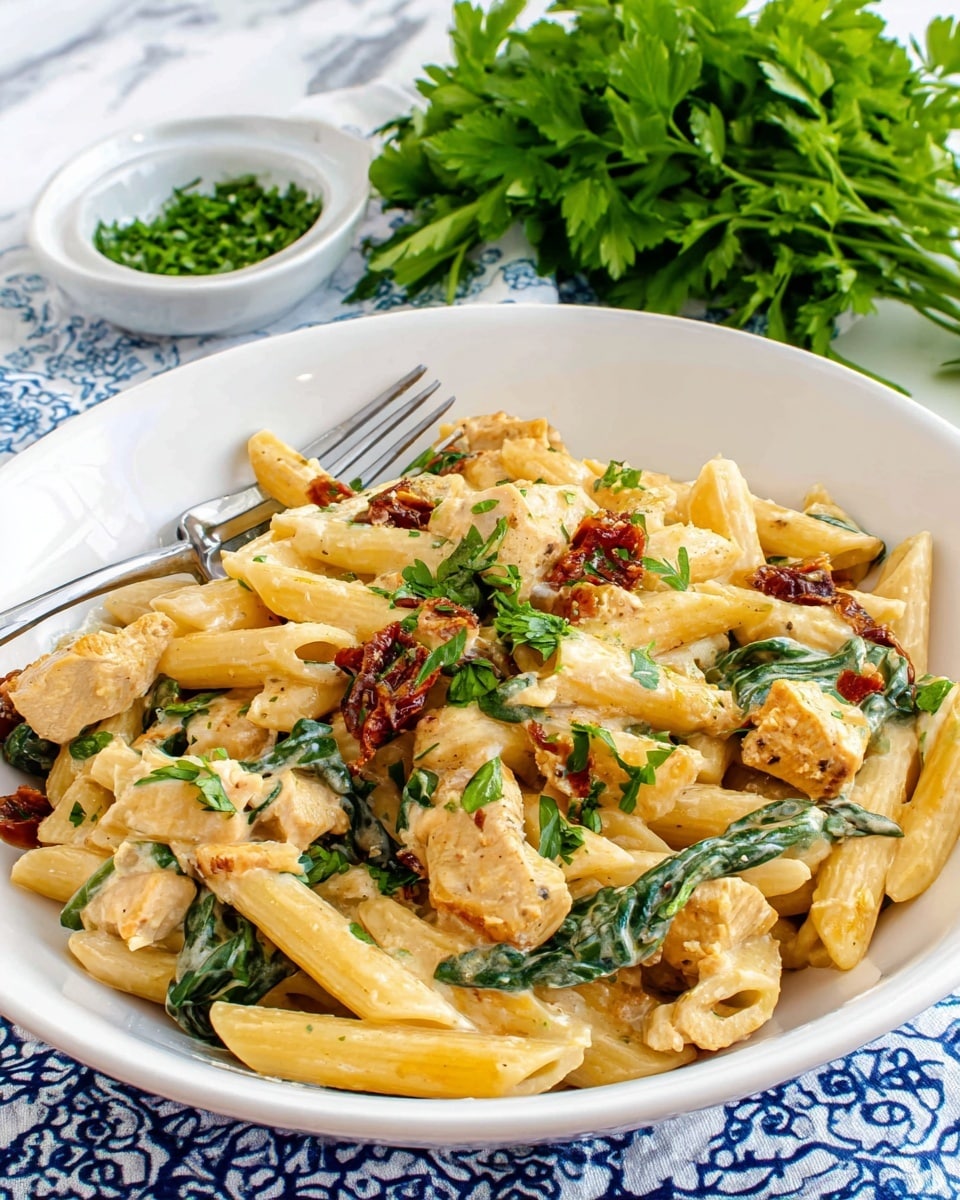 A white bowl filled with creamy pasta made of penne coated in a light yellow sauce, mixed with chunks of cooked pale beige chicken, dark green spinach leaves, and pieces of sun-dried tomatoes showing a deep reddish-brown color; the dish is garnished with small fresh parsley pieces sprinkled across the top. A metal fork rests on the side of the bowl. Behind it, a small white bowl contains finely chopped herbs, and there is a bunch of fresh parsley with bright green leaves on a white marbled surface with a blue and white patterned cloth underneath. photo taken with an iphone --ar 4:5 --v 7