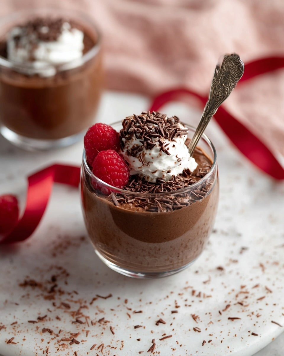 A clear glass cup filled with a rich dark brown chocolate mousse, topped with a dollop of white whipped cream sprinkled with fine dark chocolate shavings, and garnished with two bright red raspberries on one side. A vintage-style spoon with an ornate handle is placed inside the mousse, slightly angled toward the viewer. The cup rests on a white marbled surface scattered with small chocolate shavings, and a blurred second similar dessert sits in the background on a soft pink cloth. Nearby, a red ribbon curls casually on the surface, and a woman’s hand is softly seen holding the background dessert. Photo taken with an iphone --ar 4:5 --v 7