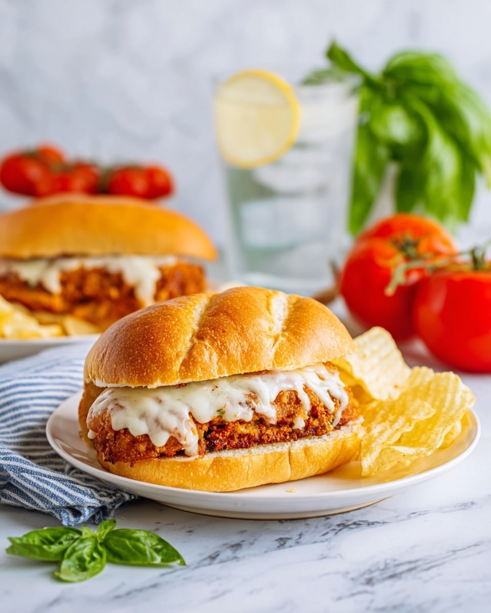 A sandwich with a golden brown toasted bun is filled with a crispy breaded patty at the bottom, topped with melted white cheese sauce that drips slightly over the edges. The sandwich sits on a white plate with a small pile of light yellow potato chips on the side. In the background, there is another similar sandwich, a bunch of fresh red tomatoes on the vine, bright green basil leaves, and a clear glass of water with a lemon twist. The whole setting is on a white marbled surface with a soft striped blue and white cloth. photo taken with an iphone --ar 4:5 --v 7