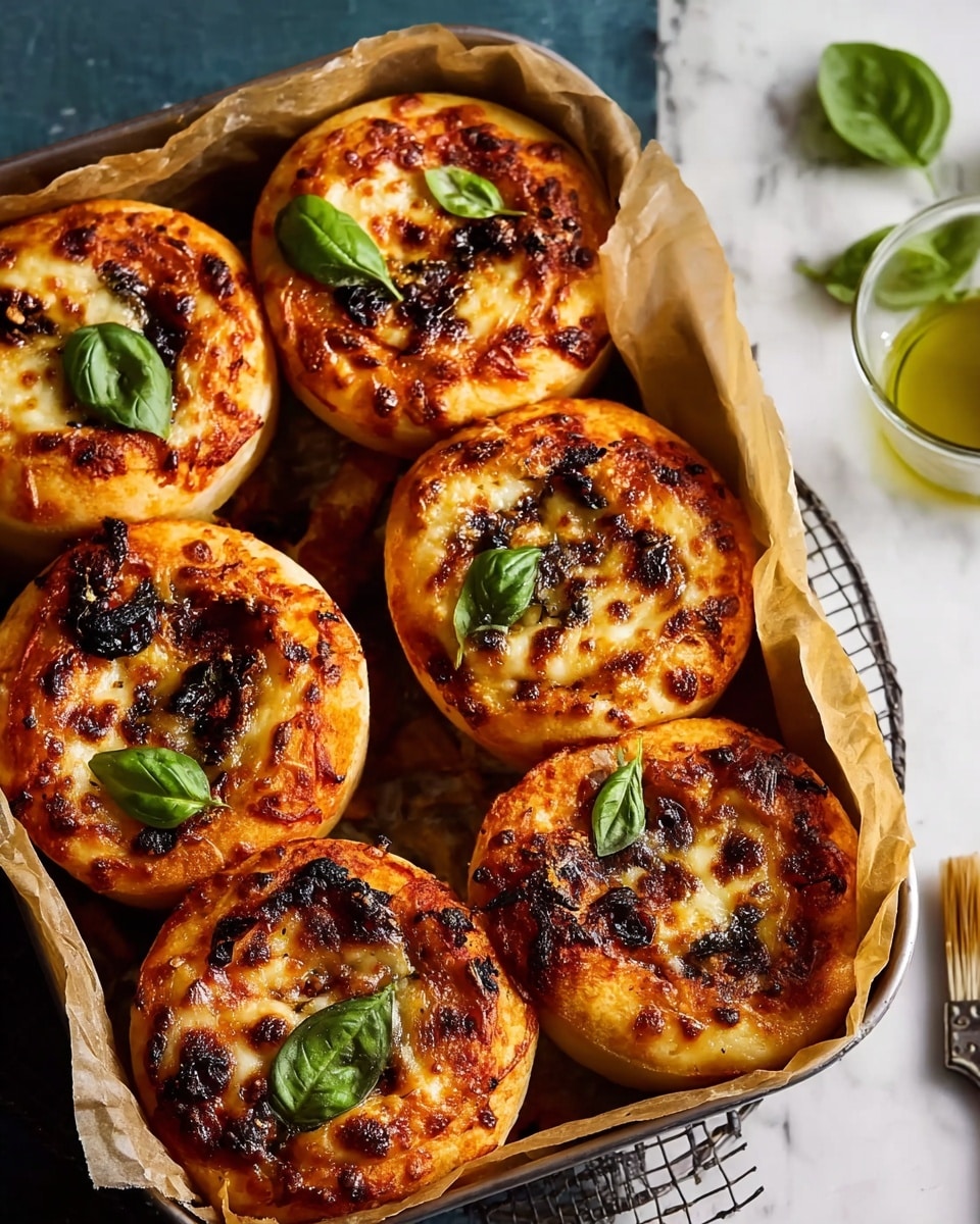 Seven round pizza rolls with golden brown crusts are arranged tightly in a metal tray lined with parchment paper. Each roll has a textured top layer of slightly melted cheese with browned spots and charred bits of dark, caramelized toppings, scattered unevenly. Bright green basil leaves are placed on several rolls, adding a fresh color contrast. The tray sits on a wire rack, and in the corner, a brush is dipped in a small container of green oil. The background includes a white marbled texture surface with a few loose basil leaves. Photo taken with an iphone --ar 4:5 --v 7