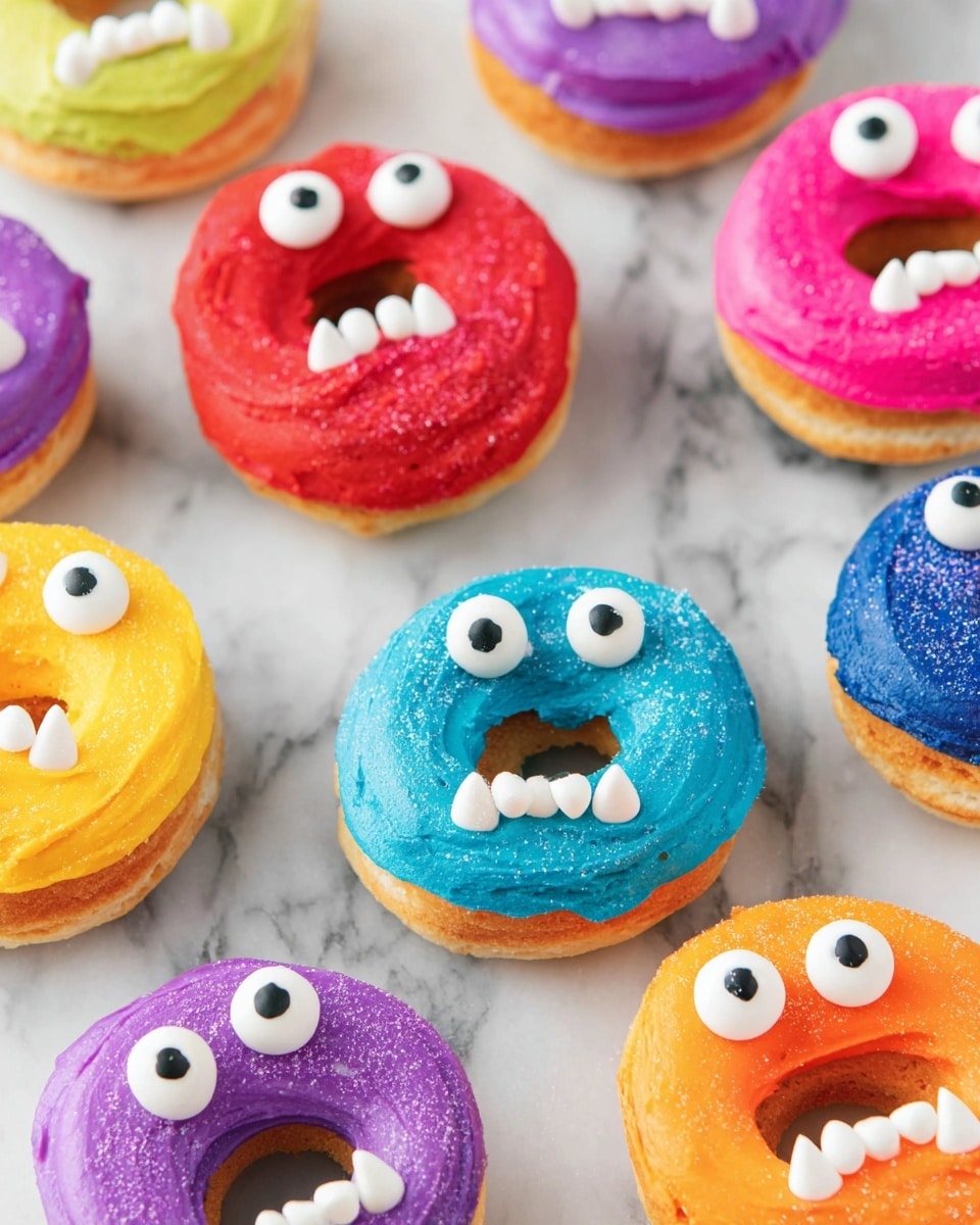 The image shows donuts decorated to look like funny monster faces on a white plate. Each donut has two big white candy eyes with black pupils placed near the top center. The donuts are layered with thick, bright colored sugar frosting—one is blue and another is yellow—that covers the entire top surface, giving a grainy texture. Each donut has white candy teeth shaped like sharp points arranged around the hole in the middle, creating a mouth with an open expression. The background is a white marbled surface, with part of a woman's hand visible holding one donut on the left side. Photo taken with an iphone --ar 4:5 --v 7