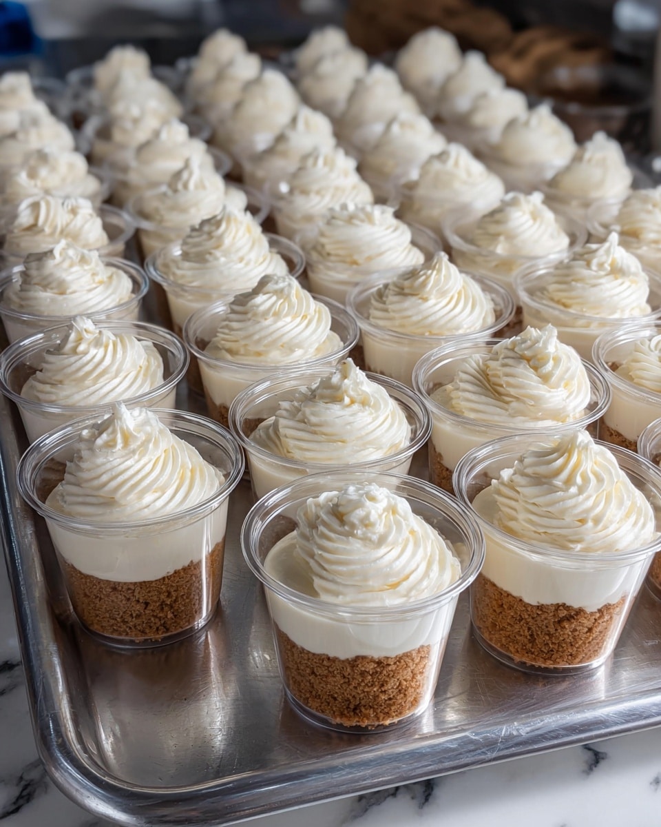 The image shows many clear plastic cups filled with a two-layer dessert arranged in rows on a metal tray. The bottom layer is a light brown crumbly base resembling crushed biscuits, while the top layer is a thick, creamy white swirl with a smooth texture, piped decoratively in a circular pattern. The cups are uniformly filled and placed close to each other, and a white marbled surface is visible beneath the tray. photo taken with an iphone --ar 4:5 --v 7