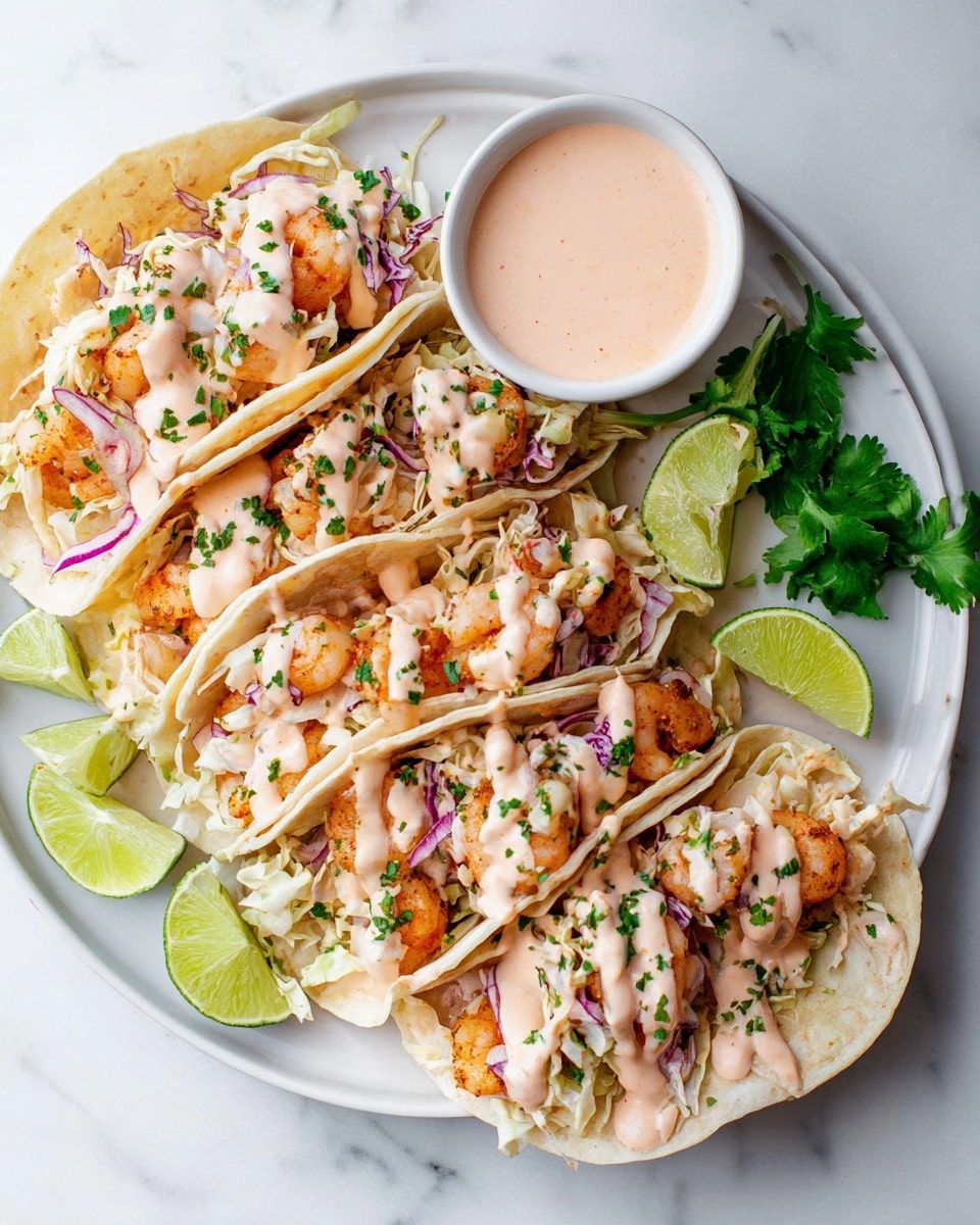 Six small tacos are placed side by side on a white plate set on a white marbled surface. Each taco has a soft beige corn tortilla as the base, filled with light golden-brown cooked shrimp, pale yellow shredded cabbage, and thin slices of red onion. A creamy light pink sauce is drizzled generously over the top, and finely chopped green herbs are sprinkled all over for garnish. On the side of the plate, a small white bowl holds more of the light pink sauce, next to three fresh lime wedges and a few sprigs of green cilantro. Photo taken with an iphone --ar 4:5 --v 7