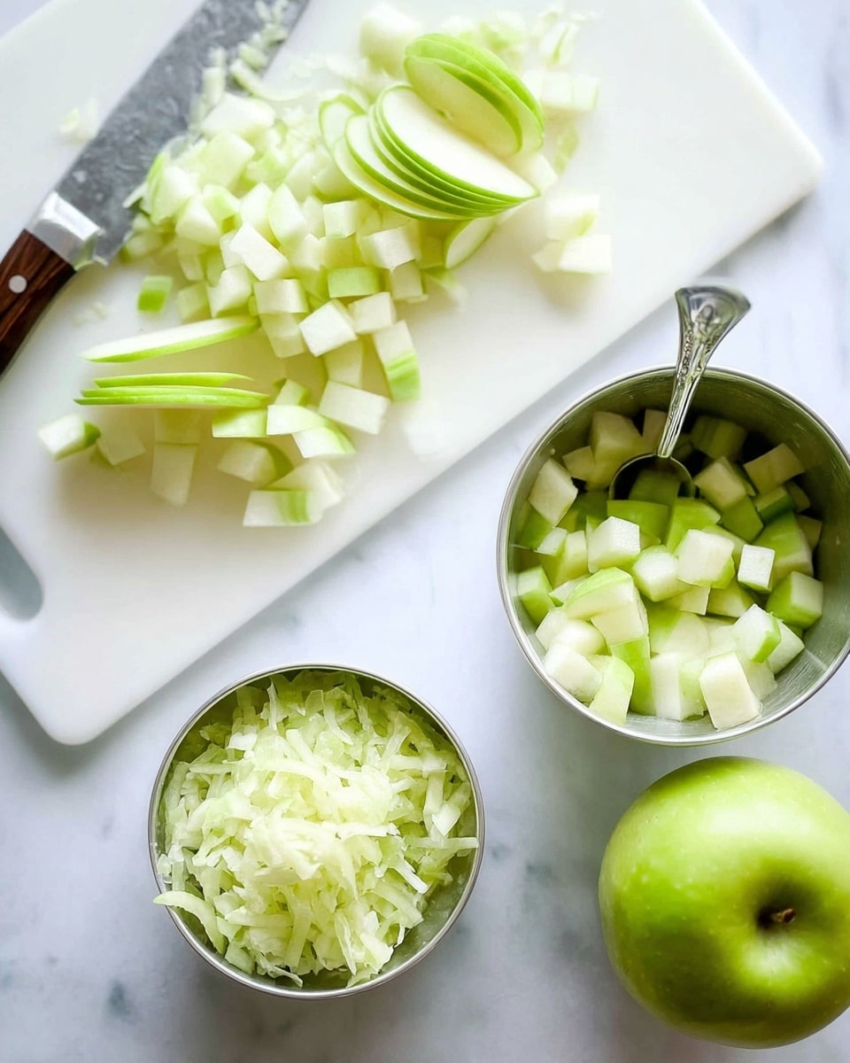The image shows a close-up of a light green apple being sliced on a white cutting board with a knife, with the apple partially sliced into thin wedges and small cubes scattered above. Next to this, two small metal bowls are placed on a white marbled surface; one bowl is filled with finely shredded light green apple pieces, with a spoon resting inside it, while the other bowl contains small diced apple cubes. A whole green apple is also visible near the bowls. photo taken with an iphone --ar 4:5 --v 7