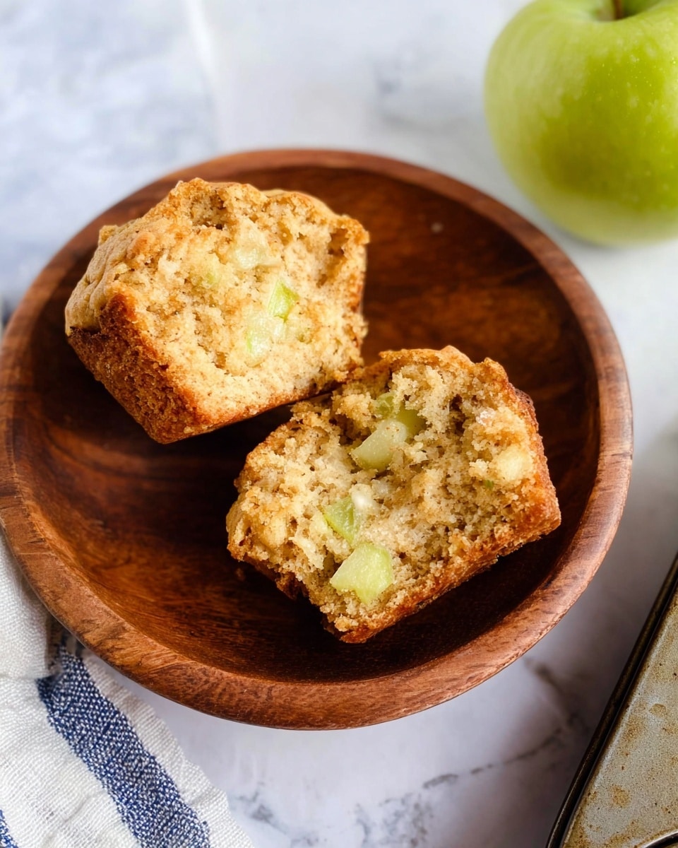 A wooden bowl holds a muffin broken into two pieces, showing a light brown crumb with small chunks of green apple inside. The muffin has a slightly rough texture with a golden crust. The bowl is placed on a white marbled surface, near a green apple on the right and a blue and white striped cloth below, with part of a metal muffin tin visible at the bottom right. photo taken with an iphone --ar 4:5 --v 7