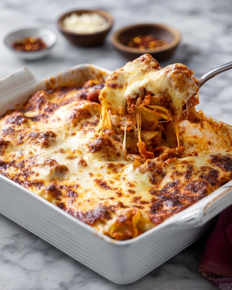 The image shows a white rectangular baking dish filled with baked pasta. The top layer is golden brown melted cheese with some darker spots where it has browned more. Underneath the cheese layer, there is a layer of pasta with red tomato sauce visible, mixed with pieces of meat. A metal spoon is lifting a serving, pulling the cheese away in long strands. The dish sits on a white marbled surface with some small bowls nearby holding red pepper flakes and grated cheese. Photo taken with an iphone --ar 4:5 --v 7