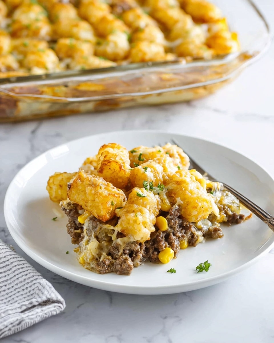 The image shows a close-up of a baked casserole served with a silver spatula lifting a portion. The dish has two main layers: the top layer is made of golden, crispy tater tots with a light sprinkle of green herbs, giving a textured, crunchy look. Below the tater tots, there is a creamy, beige sauce mixed with small pieces of browned ground meat and yellow corn kernels, creating a thick and soft layer with a mix of chunky and smooth textures. The casserole is inside a white baking dish, and the background is a white marbled surface. photo taken with an iphone --ar 4:5 --v 7