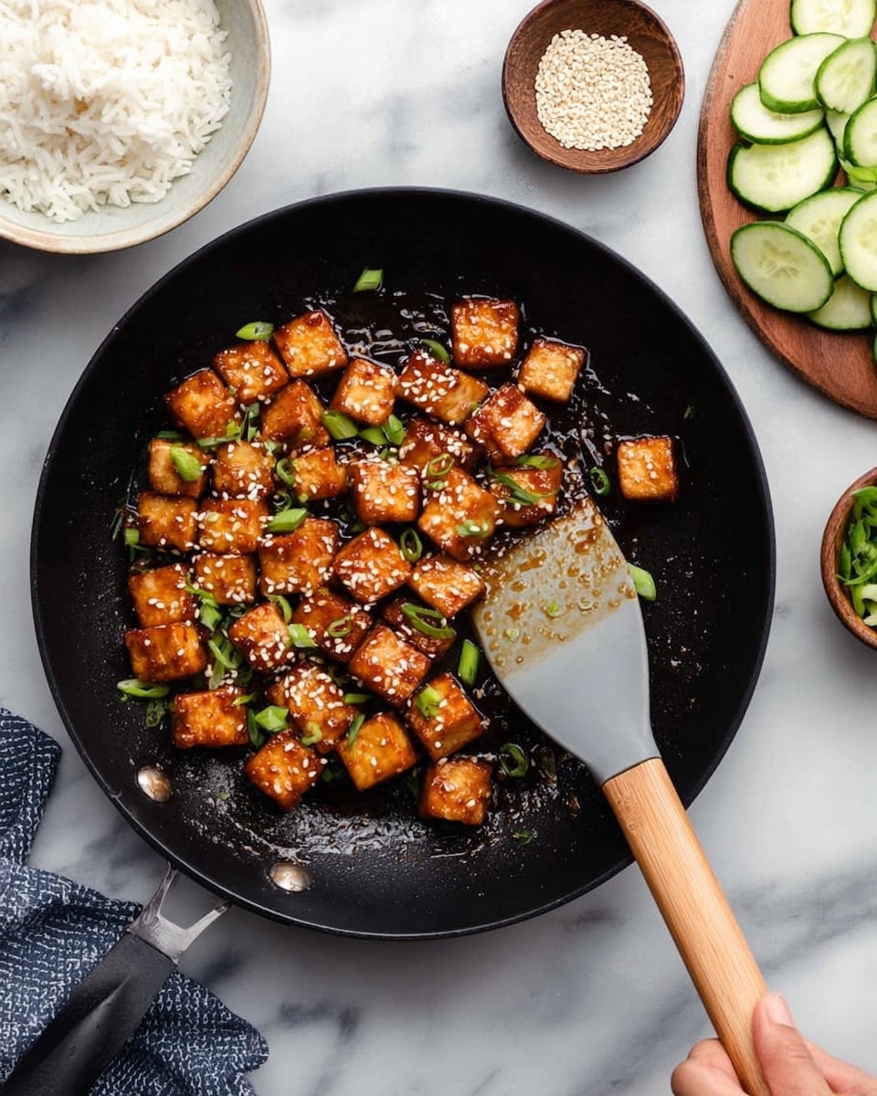 A black pan filled with two layers of small, golden-brown tofu cubes that have a shiny texture from sauce, scattered with chopped green onions and white sesame seeds on top; a gray spatula with a wooden handle rests inside the pan on the right side. Around the pan, on a white marbled surface, there are three bowls with ingredients: a bowl of white rice at the top left, a small bowl of sesame seeds below it, and a wooden board with sliced cucumbers on the right. A woman's hand is about to pick up the spatula. photo taken with an iphone --ar 4:5 --v 7