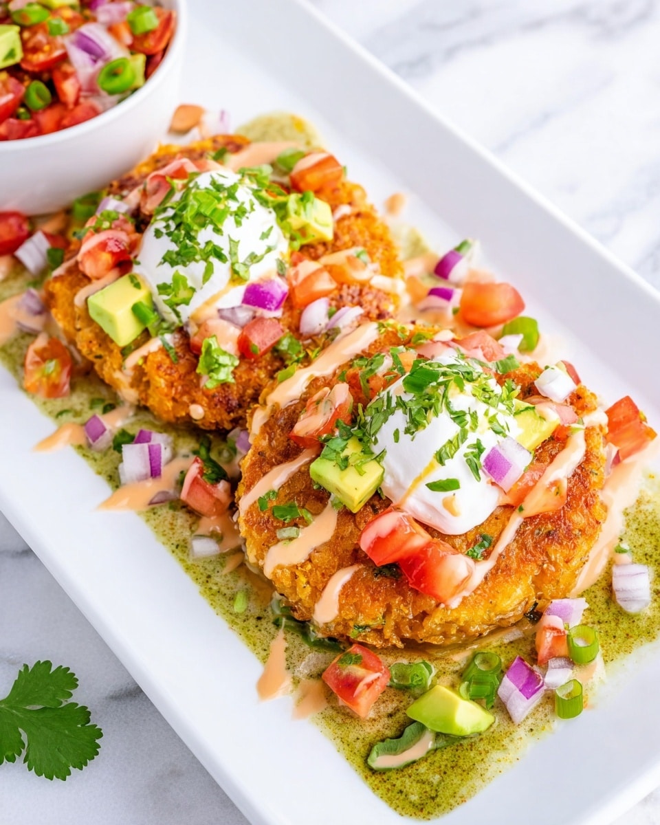 Three round golden patties are placed in a row on a white rectangular plate. Each patty sits on a layer of chunky green sauce spread across the plate's base. On top of each patty, there is a dollop of white cream, small red tomato pieces, and tiny purple onion bits. Light orange sauce is drizzled over each patty, and green chopped scallions are sprinkled on top. Around the patties are small chunks of light green avocado and more bits of tomato and onion. The plate is on a white marbled surface with lime wedges, fresh cilantro, and half an avocado visible around it. Photo taken with an iphone --ar 4:5 --v 7