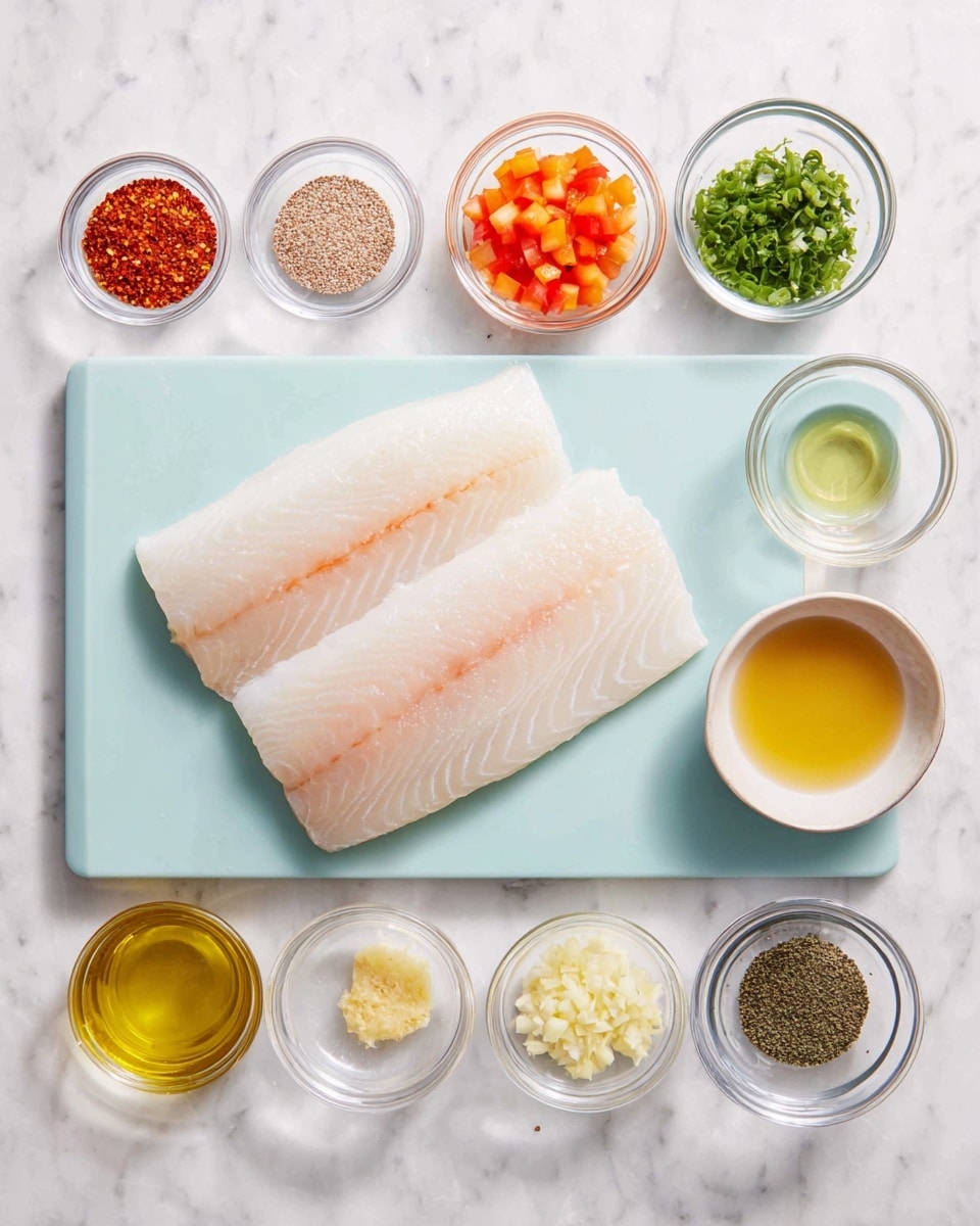 The image shows two thick white fish fillets with a light pink stripe, placed on a light blue cutting board in the center, on a white marbled surface. Above the fillets, there are eight small clear glass bowls in a neat row. From left to right, the bowls contain a reddish-brown spice, crushed red pepper flakes, a small amount of salt, finely chopped green herbs, and diced orange tomatoes. Below that row, from left to right, there is a small bowl of olive oil, a bowl of light golden liquid, a bowl with minced pale yellow garlic, and two bowls with black and green dried spices. The overall look is clean and organized with fresh ingredients. Photo taken with an iphone --ar 4:5 --v 7