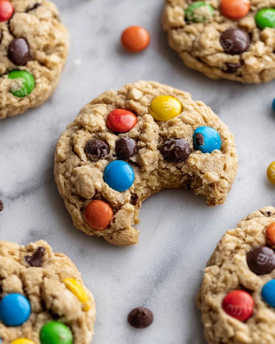 A close-up view of several round cookies on a white marbled surface, each cookie thick with a rough texture, light golden brown color, and studded with colorful candy-coated chocolate pieces in red, green, blue, orange, and yellow along with dark brown chocolate chips embedded throughout. One cookie in the center has a small bite taken out, revealing a soft and dense inside layer matching the outer color and texture, with candy pieces near the bite edge. Photo taken with an iphone --ar 4:5 --v 7