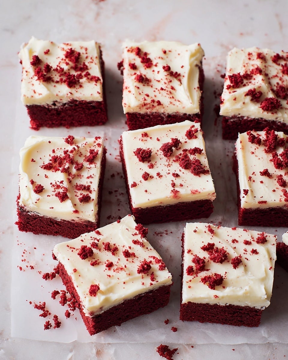 The image shows several square pieces of red velvet cake with a thick layer of white cream cheese frosting on top. Each piece is evenly cut, with the dark red cake forming the bottom layer and the smooth, creamy white frosting covering the entire top layer. Scattered on the frosting are small crumbs of red cake, adding texture and color contrast. The cakes are placed closely together on white parchment paper that rests on a white marbled surface. The overall look is neat with a soft, inviting texture on both layers photo taken with an iphone --ar 4:5 --v 7