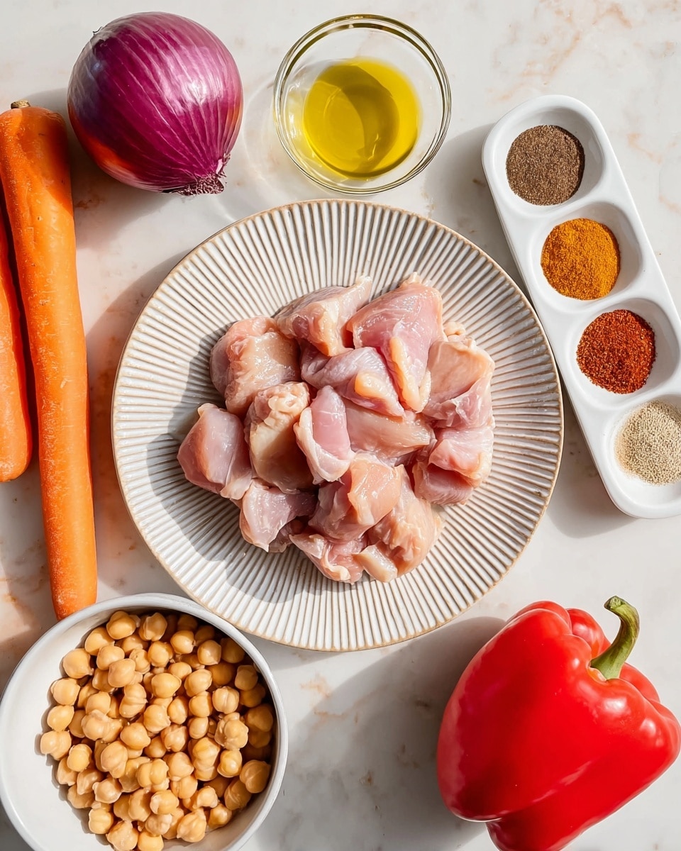 The image shows raw chicken pieces placed in the center on a white plate with ridged edges, forming the main focus. Around the plate, on a white marbled surface, are various ingredients: a small white bowl with six sections filled with different spices including brown, red, and beige powders on the top right, a clear small glass bowl of light yellow oil next to it, a whole purple onion on the top left, two whole bright orange carrots on the bottom left, a white ceramic bowl filled with light brown chickpeas on the bottom right, and a whole red bell pepper on the right side. The setup is neat and organized for a cooking prep scene photo taken with an iphone --ar 4:5 --v 7