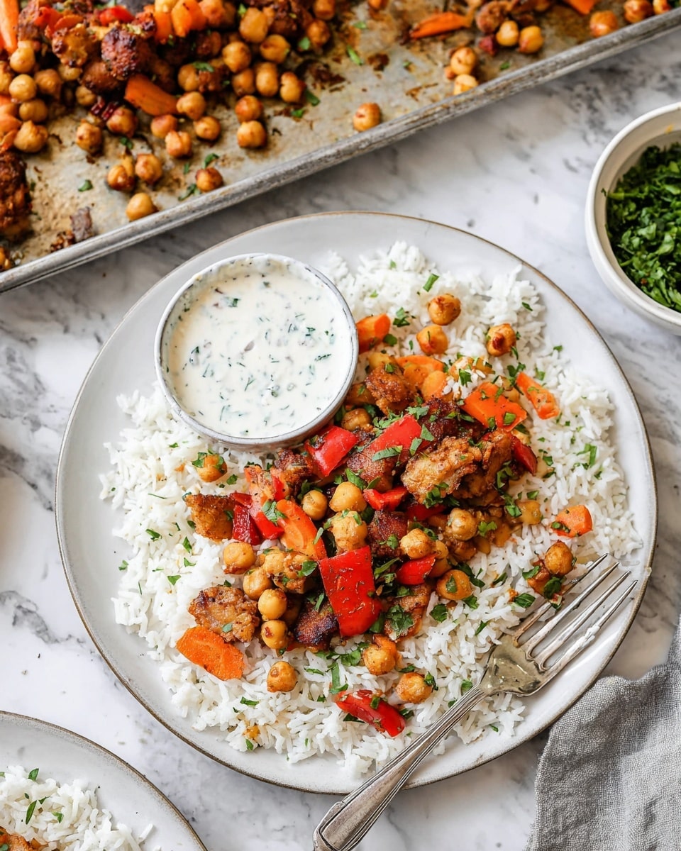The dish is served on a white plate with a slightly raised edge and a silver fork resting on the left side. The base layer is fluffy white rice spread evenly across the plate, topped with a mixture of golden brown chickpeas, browned pieces of cooked meat, and diced orange carrots and red bell peppers with some green herbs sprinkled on top. On the left side of the plate, there is a small white bowl filled with a creamy white sauce speckled with herbs. The whole setup is placed on a white marbled surface, with a metal baking tray filled with more of the chickpea and meat mixture visible in the upper background, and a white bowl with fresh chopped green herbs near the top right. Photo taken with an iphone --ar 4:5 --v 7