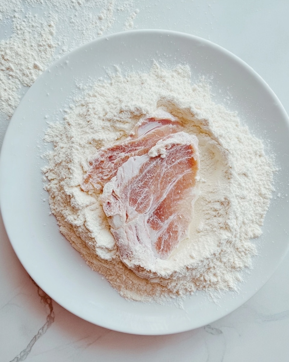 A white plate with a thin raw piece of meat placed on top of a large pile of white flour, the flour spread out unevenly around the meat. The meat has a slightly pinkish color with some light lines showing texture. The plate sits on a white marbled surface. Photo taken with an iphone --ar 4:5 --v 7