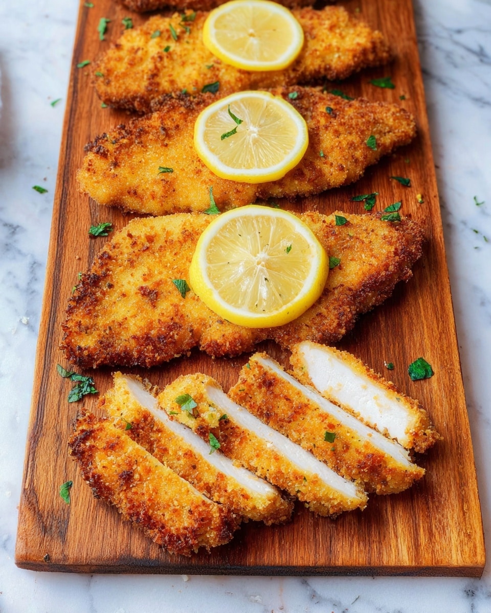 The image shows four pieces of breaded fried chicken placed in a row on a wooden board with a warm brown tone and visible grain texture. Each piece is golden brown with a crunchy, uneven crispy coating. On top of the first three pieces, near the center, there is a thin lemon wedge with a pale yellow flesh and rind. The last piece is sliced into five even strips from right to left with its lemon wedge placed atop the slices. Small bits of green herbs are scattered evenly over all the chicken and the board, adding a touch of bright green color. photo taken with an iphone --ar 4:5 --v 7