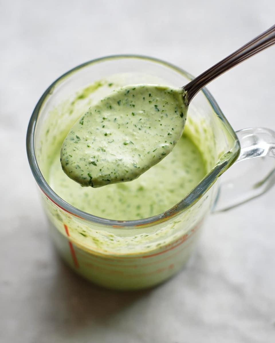 A clear glass measuring cup filled halfway with a smooth light green sauce speckled with small darker green bits, held over a white marbled surface. Above the cup, a metal spoon lifts a thick layer of the sauce, showing its creamy texture with visible tiny herb pieces. The background is simple and light, focusing attention on the sauce's fresh color and texture. Photo taken with an iphone --ar 4:5 --v 7