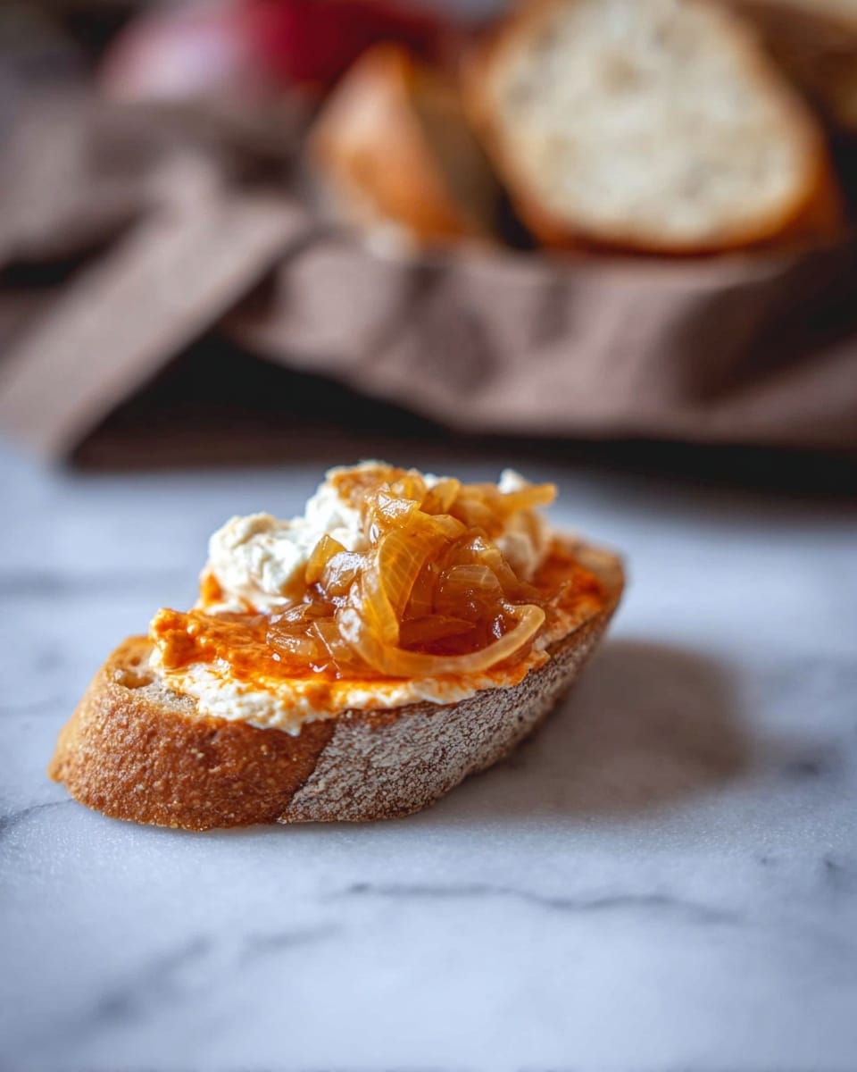 A small piece of toasted bread sits on a white marbled surface, topped with a bright orange spread and a dollop of soft white cheese mixed with caramelized onions that have a shiny, golden brown texture. The toast is thick with a rough, crunchy edge and the spread looks smooth with a slightly glossy finish, creating a contrast with the creamy, slightly stringy cheese and onions that pile up in the center. In the blurred background, there is a woman's hand holding more pieces of bread wrapped in a brown cloth. Photo taken with an iphone --ar 4:5 --v 7