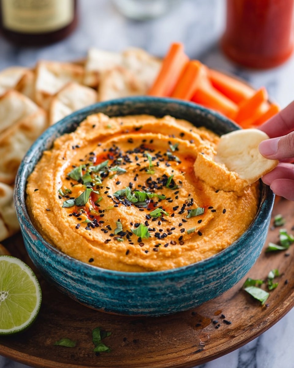 A bowl filled with smooth orange hummus topped with black sesame seeds and green herb leaves, creating a textured top layer. A single light cream pita chip dips into the hummus on the right side, held by a woman's hand. The bowl is a round blue ceramic with a rough texture, placed on a brown wooden round board. Around the bowl, there are some pieces of pita chips, carrot sticks on the left, and a squeezed lime cut in half at the front left. The background is a white marbled texture, with a blurred red sauce bottle in the top center. Photo taken with an iphone --ar 4:5 --v 7