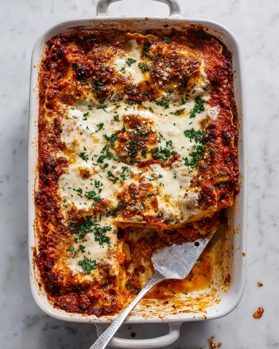 This image shows a baked lasagna in a white rectangular casserole dish with handles. The lasagna has several layers starting with a red tomato sauce layer at the bottom, followed by thick pasta sheets and white, melted cheese with browned spots on top. Green parsley is sprinkled all over the cheese layer, adding color contrast. A metal spatula is under a portion of lasagna lifting it slightly, showing the soft, saucy layers inside. The dish sits on a white marbled surface, and some small bits of sauce and cheese are scattered around the edges of the casserole. Photo taken with an iphone --ar 4:5 --v 7