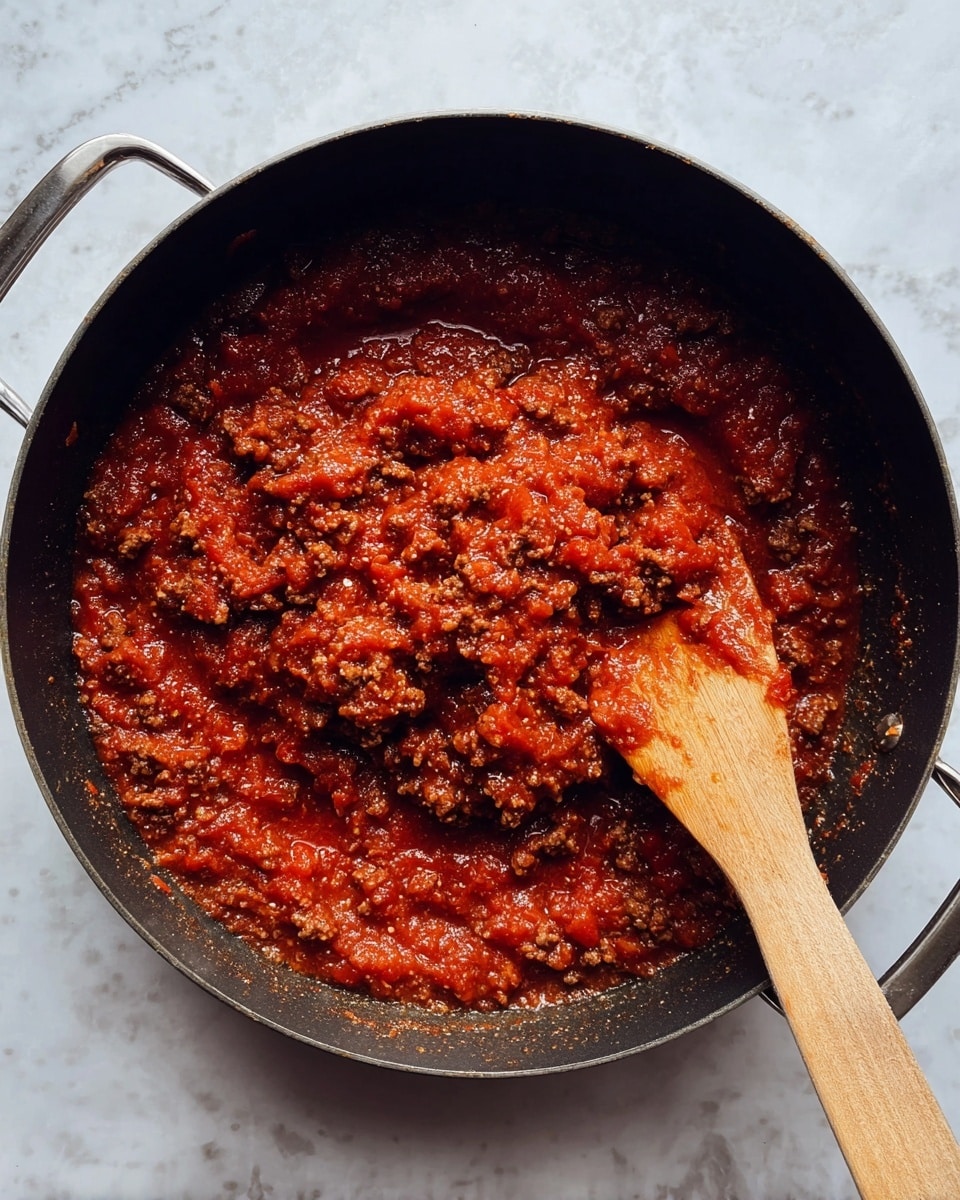 A top view of a black pot with two short handles, filled with chunky red tomato sauce mixed with browned ground beef, showing a thick texture with visible pieces of meat and tomato. A wooden spoon rests inside the pot on the right side, partially covered with the sauce. The pot is placed on a white marbled surface. photo taken with an iphone --ar 4:5 --v 7