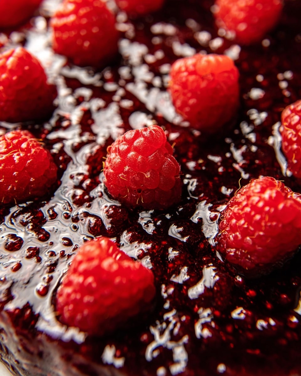 A close-up view of a shiny, dark red jelly layer, topped with scattered bright red raspberries. The jelly has a glossy, smooth texture with some tiny air bubbles and uneven surface areas. The raspberries sit on top, their detailed bumpy surface contrasting with the smooth jelly below. The whole scene is set on a white marbled texture in soft light. photo taken with an iphone --ar 4:5 --v 7