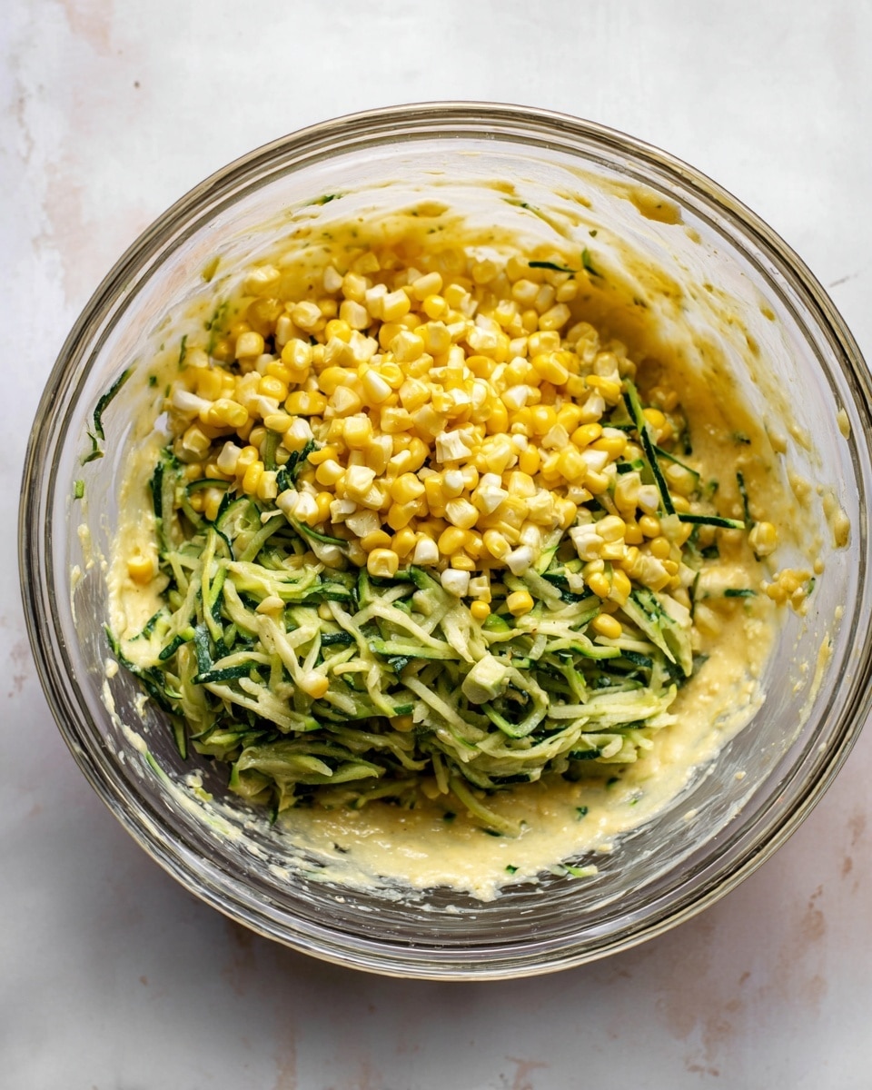 A clear glass bowl on a white marbled surface holds three visible layers: the bottom layer is a pale yellow batter that looks smooth and creamy, the middle layer contains shredded zucchini showing bright green and darker green streaks from the skin, and the top layer is filled with bright yellow and white corn kernels. The ingredients are not yet mixed together and the bowl's edge has some batter spots. Photo taken with an iphone --ar 4:5 --v 7