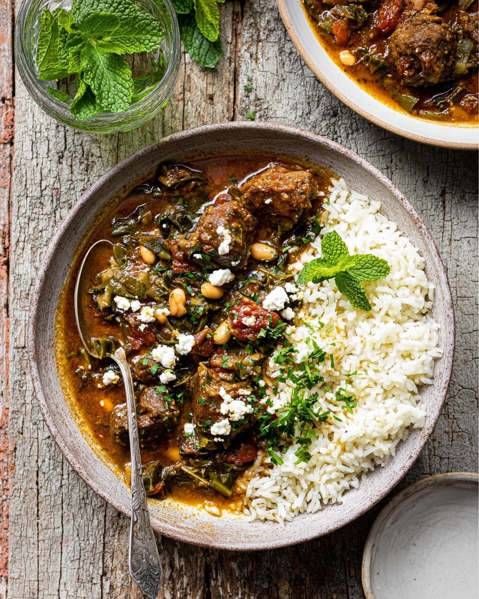 A bowl filled with two main layers: the base layer is white fluffy rice on the right side, and the top layer is a thick, dark brown stew with chunks of tender meat and white beans spread over the left and center parts. The stew has a rich, textured sauce with visible green leafy herbs and is sprinkled with small white cheese crumbles and fresh sprigs of parsley on top. A silver spoon rests on the right side of the bowl, partially in the rice. The bowl itself is white with a speckled rim, placed on a white marbled surface. In the background, there is another similar bowl of stew partially visible and a small white plate with white cheese cubes soaked in golden oil and sprinkled with chili flakes. A few green mint sprigs are also seen on the side. Photo taken with an iphone --ar 4:5 --v 7