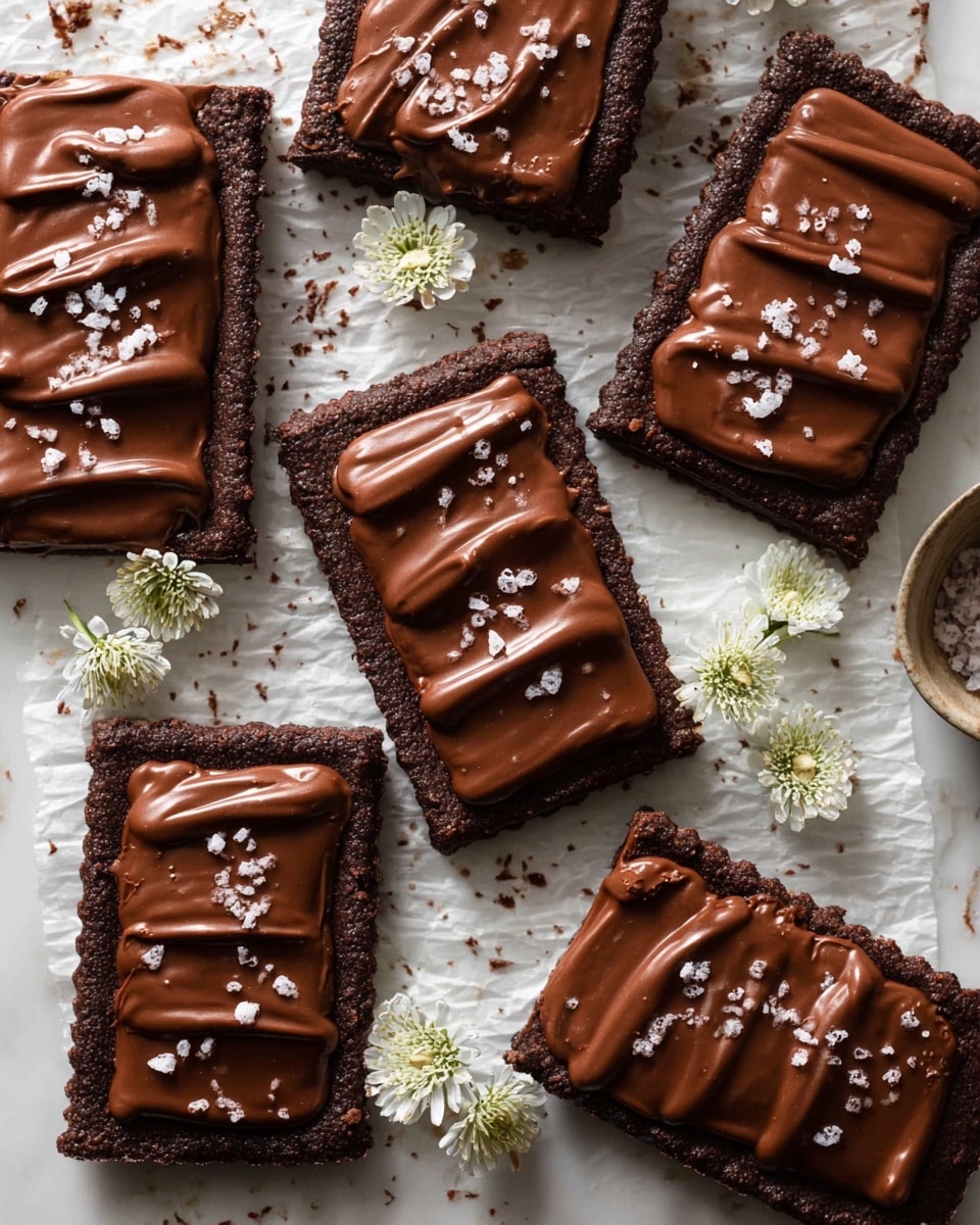 A group of rectangular chocolate pastries is arranged on a white marbled surface with a white parchment paper layer underneath some of them. Each pastry has a dark chocolate base with a slightly rough texture and edges pressed with a fork pattern. On top of each base is a thick, smooth milk chocolate layer spread unevenly, creating soft waves and slight drips at the edges. Small white sugar crystals are sprinkled over the top chocolate layer, adding contrast and texture. Around the pastries, small white flowers and loose sugar crystals are scattered, adding a soft decorative touch. Photo taken with an iphone --ar 4:5 --v 7