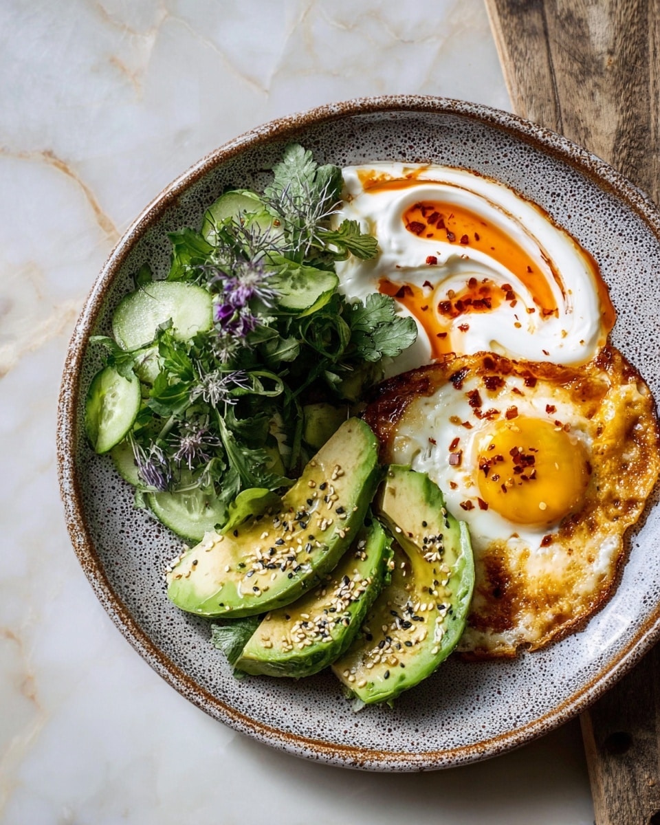 A round speckled gray plate on a white marbled surface holds a colorful breakfast. The plate has three main layers: on the right side, a golden-brown fried egg with a bright yellow yolk is visible, with some chili flakes sprinkled on top; next to the egg on the bottom right are two halves of a ripe avocado sprinkled with black pepper, sesame seeds, and small herb flakes; on the left side, there is a fresh green salad made with leafy herbs and slices of cucumber, garnished with tiny purple flowers. Behind the egg, near the top edge of the plate, creamy white yogurt or sauce is swirled with orange-red oil or sauce, adding a smooth texture and contrasting color. photo taken with an iphone --ar 4:5 --v 7