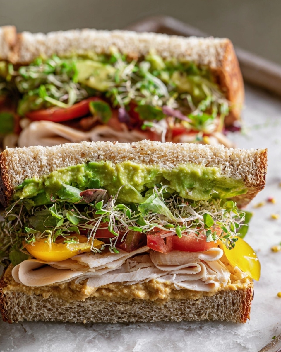The image shows a sandwich cut in half, each half layered with soft brown bread that has a lightly toasted crust. The bottom layer inside the sandwich has a spread of light beige hummus with visible texture, topped by slices of red and yellow tomatoes and fresh green leafy sprouts. Above that, there are golden-yellow potato chips adding a crunchy layer, followed by folded slices of white turkey meat. The top layer features a bright green mashed avocado spread. The sandwich halves rest on a white marbled surface, with some potato chips scattered around and a small gray bowl filled with the same chips visible at the bottom edge of the photo taken with an iphone --ar 4:5 --v 7