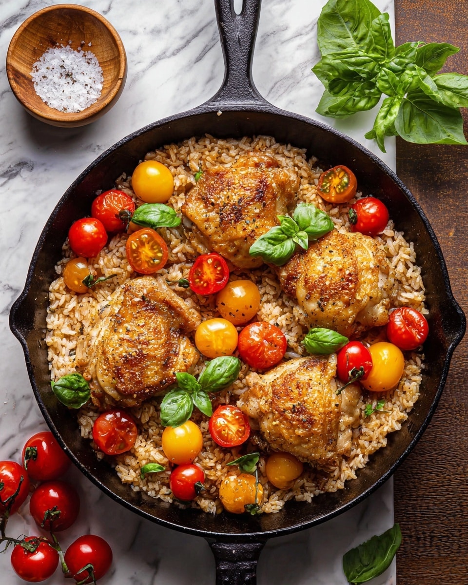 A white plate is filled with a base layer of cooked rice mixed with small bits of herbs and vegetables, giving it a slightly soft and textured look. On top, a golden-brown cooked chicken piece with crispy skin sits in the center, sprinkled with coarse salt and herbs. Around the chicken are whole and halved cherry tomatoes in red and yellow colors, adding bright pops of color. A fresh green basil leaf garnish rests near the chicken. A silver fork is placed on the edge of the plate, resting on the rice. The plate is set on a white marbled surface. photo taken with an iphone --ar 4:5 --v 7