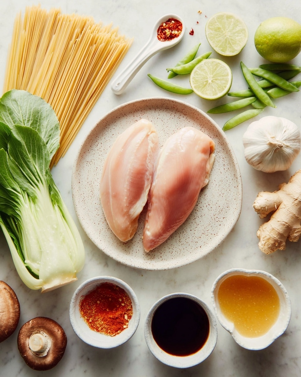 The image shows two smooth, pale pink raw chicken pieces placed side by side on a round white speckled plate in the center. Around the plate, there are several ingredients laid out on a white marbled surface: bright green bok choy leaves on the left, three brown mushrooms with textured caps below the plate, long beige noodles on the far left, two lime wedges at top right and bottom left, three green snow peas at the top, a half peeled shallot near the top right, three garlic cloves, fresh ginger roots, a small white spoon with red chili flakes above the plate, and four small white bowls at the bottom containing a light golden liquid, white powder, dark soy sauce, and orange-red sauce. photo taken with an iphone --ar 4:5 --v 7