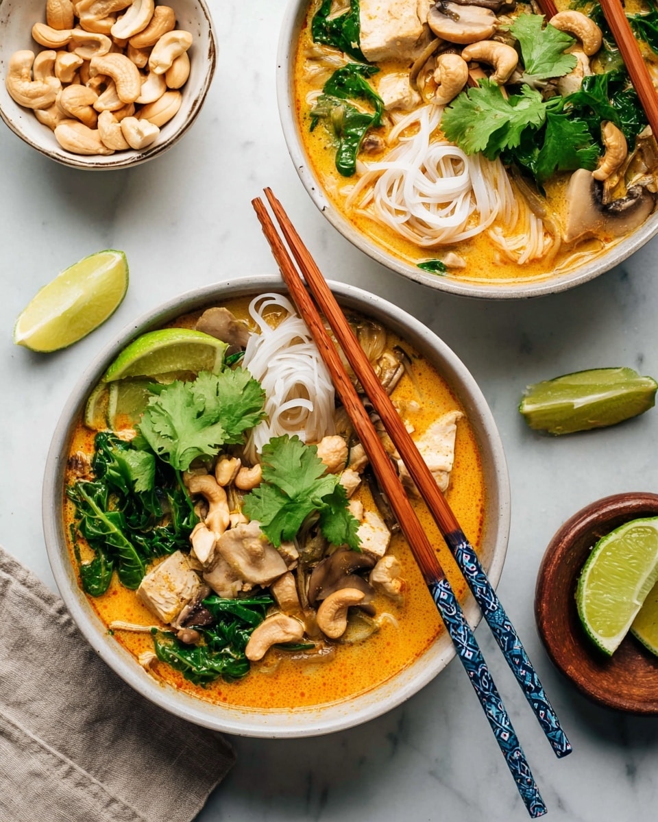A bowl of bright orange soup filled with green vegetables like snap peas and leafy greens, along with beige cashew nuts scattered on top. There are thin slices of light brown mushrooms and pieces of light beige chicken throughout the soup. On one side of the bowl, two lime wedges rest in the soup, adding a fresh green color with a glossy texture. The soup is garnished with fresh green cilantro leaves sitting in the center. The bowl is white speckled with subtle dark dots, set on a white marbled surface. Around the bowl, there are small white dishes with more cilantro and lime wedges, and a blue cloth napkin lies nearby. Photo taken with an iphone --ar 4:5 --v 7