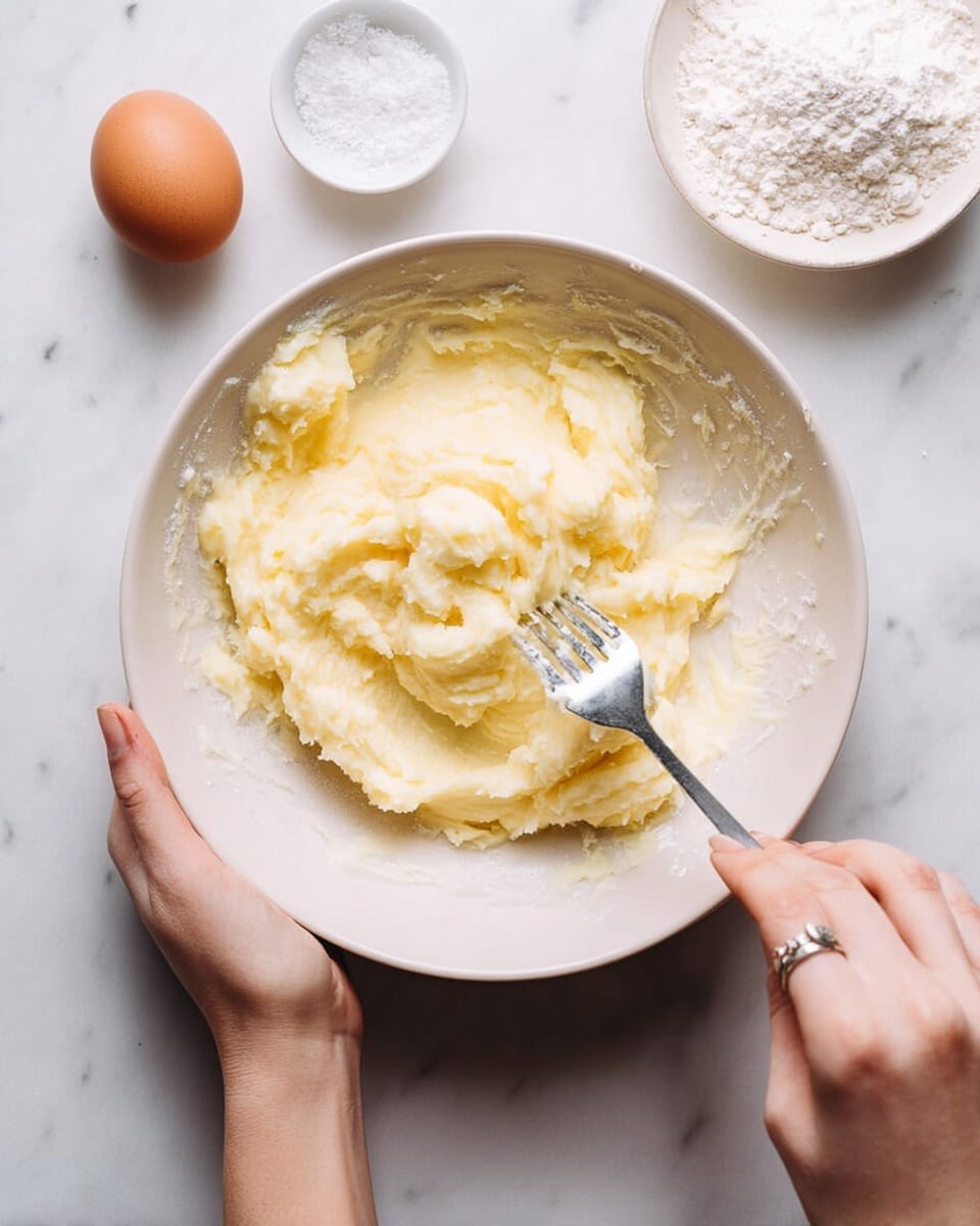 A white bowl holds a thick, creamy mixture with a pale yellow color and soft texture, being stirred by a woman's hand using a fork. The bowl is supported from below by another woman's hand showing a ring on her finger. Around the bowl are simple ingredients including a brown egg and a small container of white flour, all set on a white marbled surface photo taken with an iphone --ar 4:5 --v 7