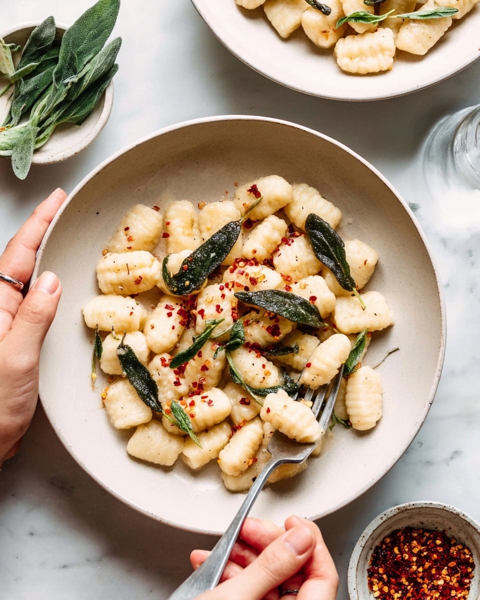 A large white bowl is filled with plump, soft gnocchi pieces that are pale off-white in color and have small ridges on each piece. Scattered evenly on top are dark green, crispy sage leaves and bright red chili flakes adding sharp pops of color. Woman's hand holds the bowl from the left side, and another woman's hand is using a fork to pick up a piece of gnocchi from the right side. Another white bowl with the same gnocchi dish is partially visible in the top right corner. Two small white bowls sit in the background, one containing fresh sage leaves and the other filled with chili flakes. The setting is on a white marbled surface. photo taken with an iphone --ar 4:5 --v 7