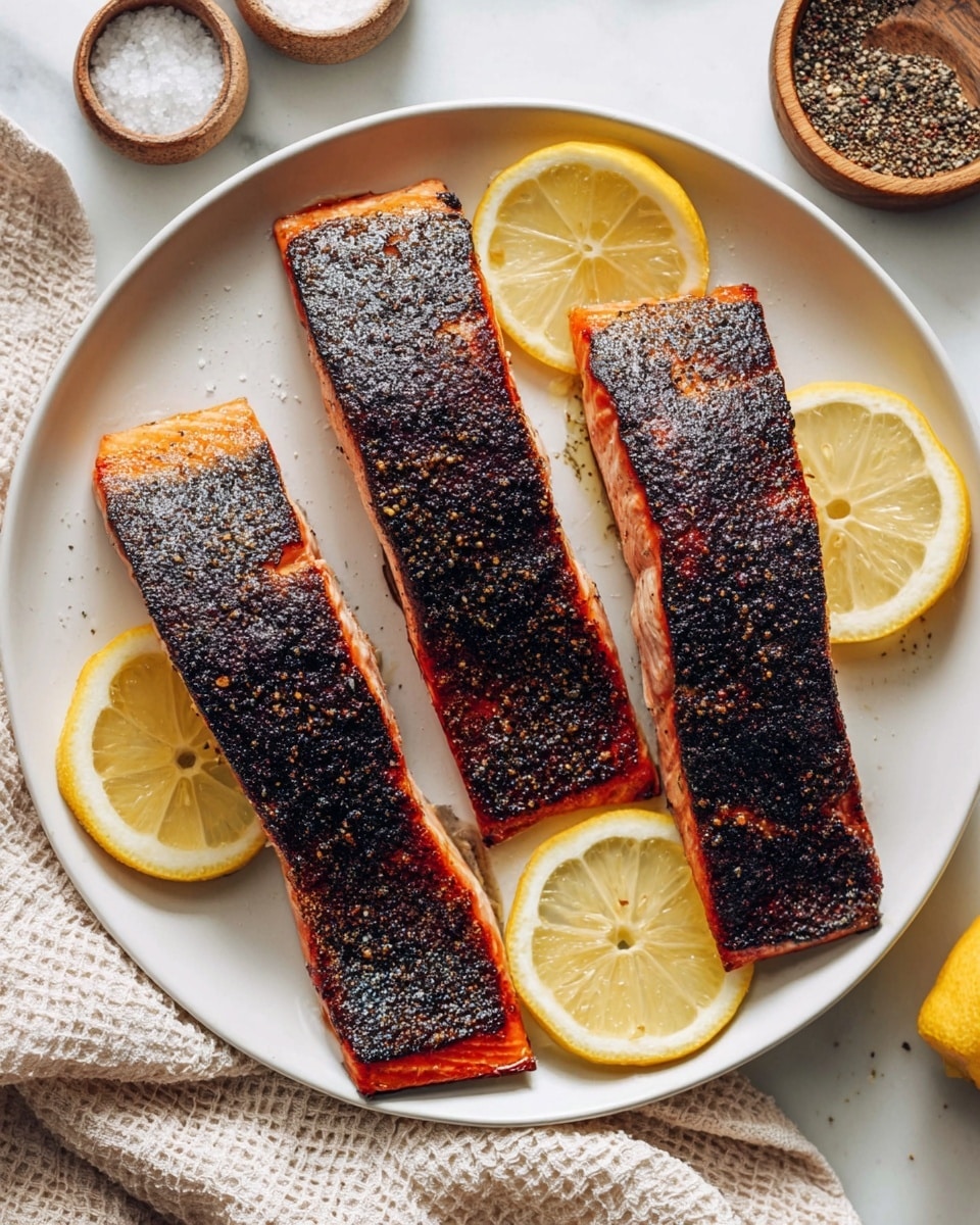 Three cooked salmon fillets with a light orange color and grilled texture lie on a white plate. Each fillet shows grill marks and slight browning on the edges. Thin slices of lemon with bright yellow skin and pale yellow flesh sit on top of and beside the salmon. The plate is placed on a white marbled surface next to a folded striped beige and white cloth. In the upper left, a jar with black pepper and a wooden spoon is partially visible. Photo taken with an iphone --ar 4:5 --v 7