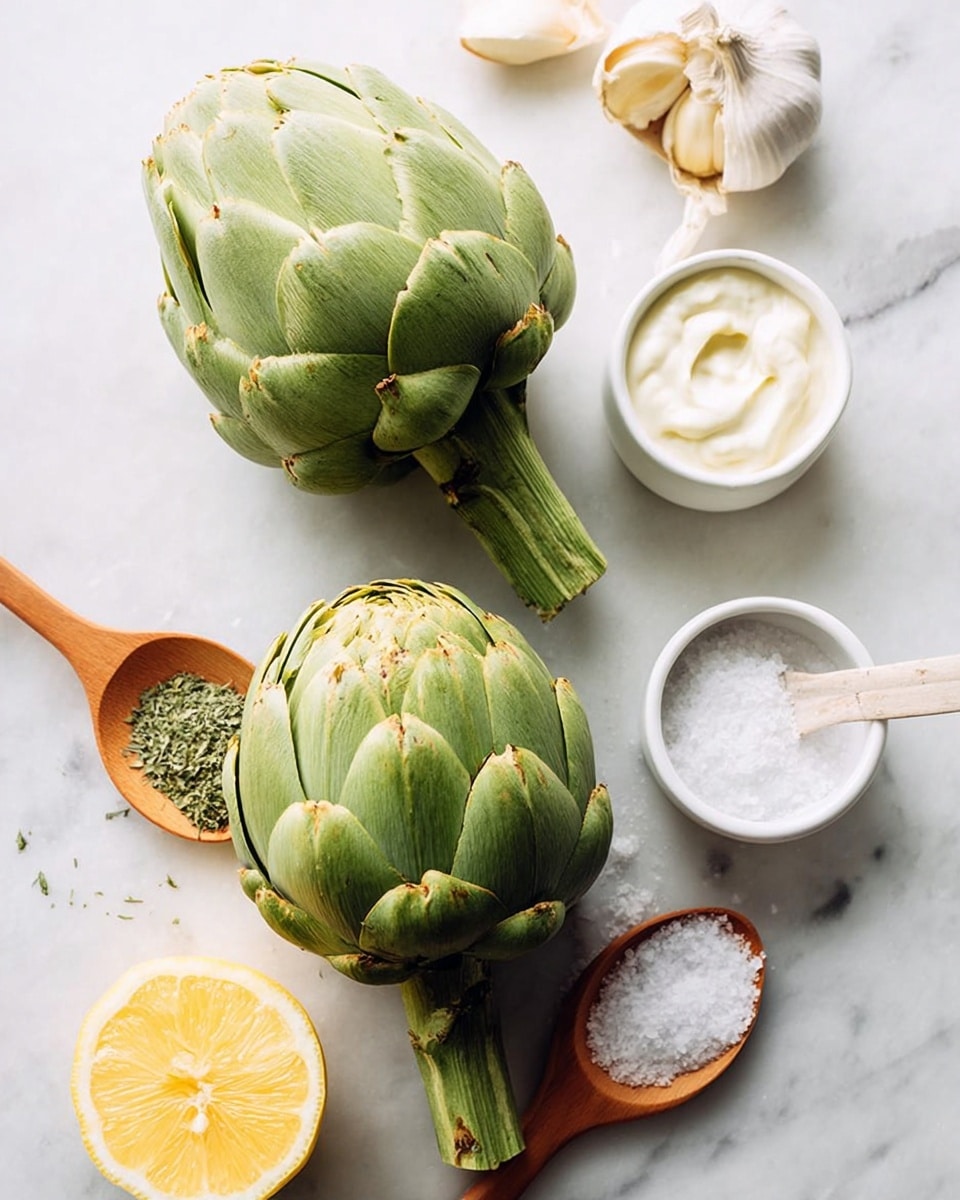 The image shows two large green artichokes on a white marbled surface, one placed slightly above the other. Around them, there is a whole lemon and a half lemon at the bottom left corner, showing a bright yellow and juicy interior. Nearby is a wooden spoon filled with green dried herbs, lying horizontally. Next to it, there are two small white bowls, one with a creamy white sauce and the other with a light, whipped cream-like texture. Above these, two garlic cloves rest next to a white ceramic spoon filled with coarse salt. The overall setting has a clean, fresh look with soft natural light. photo taken with an iphone --ar 4:5 --v 7