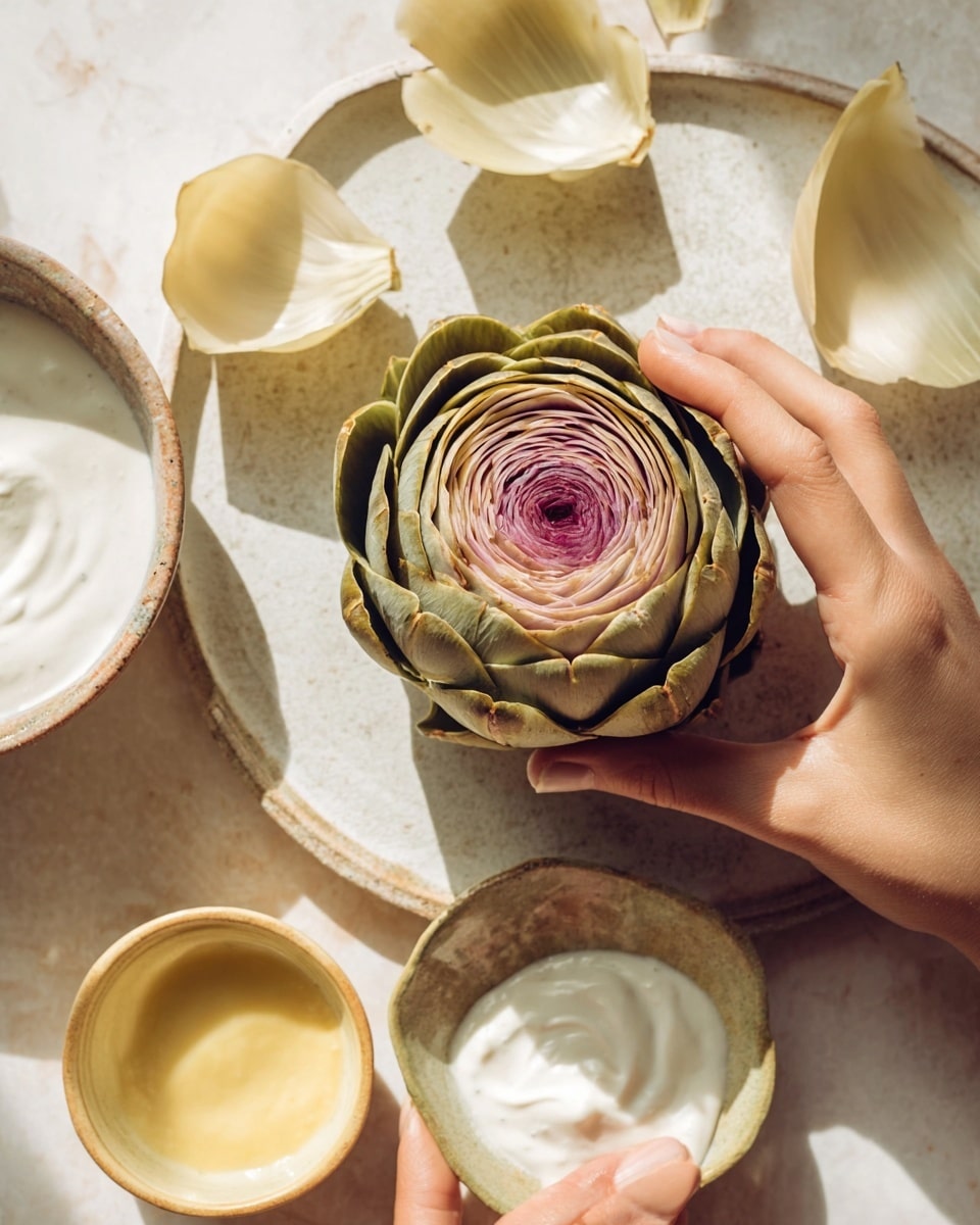 The image shows a woman’s hand holding a layered artichoke heart with a center of soft pinkish-purple leaves surrounded by pale green outer leaves, all arranged in a circular pattern. Around it, there are a few loose artichoke petals with a smooth pale beige color. On a white marbled textured plate, there are two small round bowls: one with a creamy yellow dip and the other with a white sauce, each having a smooth, thick texture. A woman’s hand is about to dip a pale beige artichoke petal into the white sauce. The scene is bathed in warm natural light, highlighting textures and colors. Photo taken with an iphone --ar 4:5 --v 7