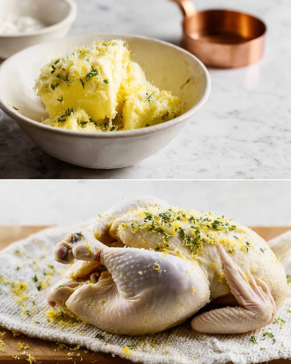 The image is split into two parts. On the left side, there is a white bowl containing a mix of one block of pale yellow butter with finely grated yellow lemon zest and small green herb pieces on top, showing a soft and creamy texture. On the right side, there is a raw whole chicken lying on a white textured cloth placed over a wooden board on a white marbled surface, with the chicken skin pale and covered evenly in small pieces of lemon zest and herbs from the butter mix. The chicken wings and legs are visible, with some lemon peel placed inside its cavity. In the background, there is a copper measuring cup and a white bowl blurred out. Photo taken with an iphone --ar 4:5 --v 7