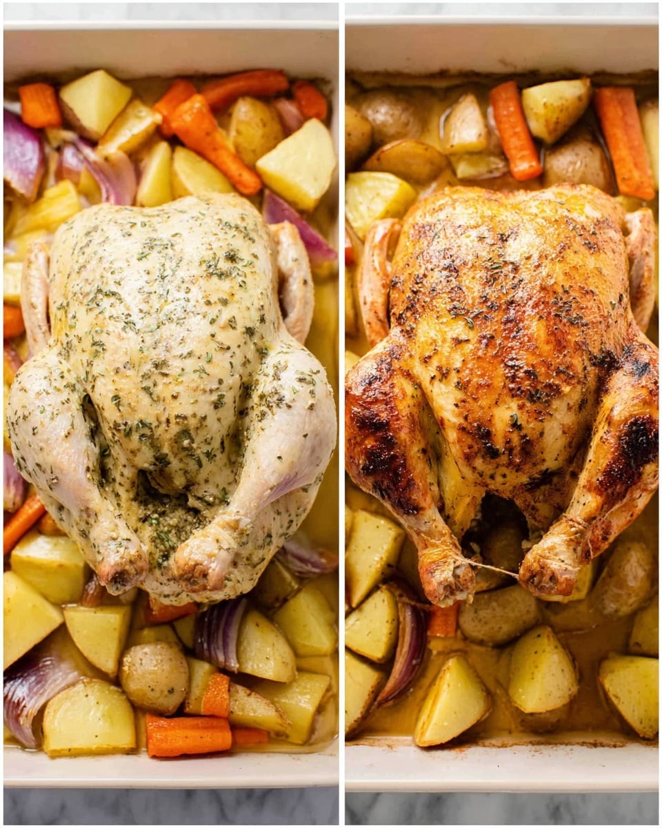 The image shows two side-by-side shots of a whole raw chicken and a cooked whole chicken inside a white rectangular baking dish. In both images, the chicken sits on a bed of mixed vegetables, including chopped potatoes in shades of yellow and red, onion pieces, and carrot slices, all spread evenly under the chicken. The raw chicken is covered with a pale, herb-speckled marinade coating that looks creamy and textured. The cooked chicken on the right has a golden-brown, crispy skin with darker char spots, and the vegetables underneath appear roasted and slightly caramelized. The white marbled surface is visible around the baking dish. photo taken with an iphone --ar 4:5 --v 7