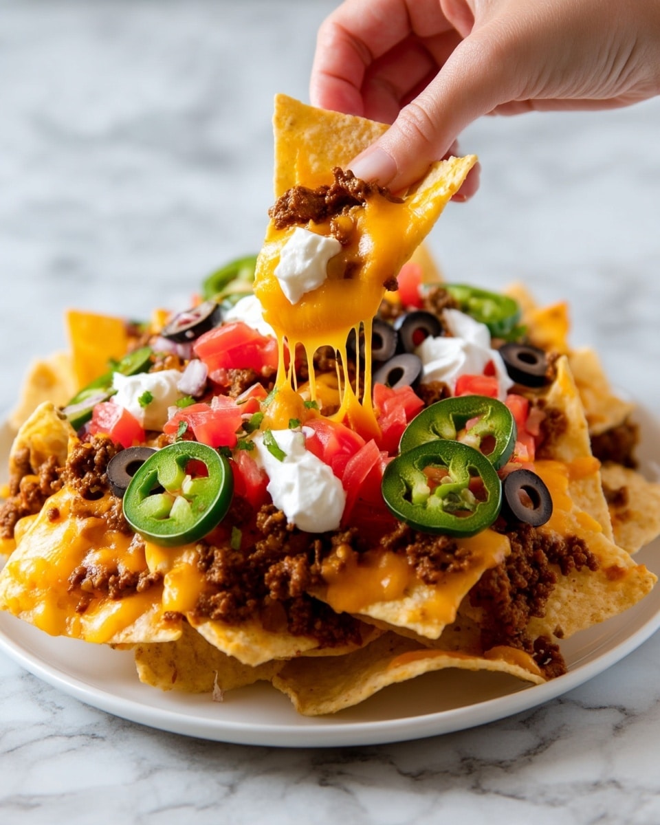A white plate holds a pile of nachos with several layers. The base layer is light yellow tortilla chips, topped by a thick layer of melted orange cheddar cheese that stretches as a woman's hand lifts a chip. On top, there is a dark brown ground beef layer scattered unevenly. The nachos are decorated with bright red diced tomatoes, small dollops of white sour cream, slices of black olives, and green jalapeño rings. The surface beneath the plate has a white marbled texture. photo taken with an iphone --ar 4:5 --v 7