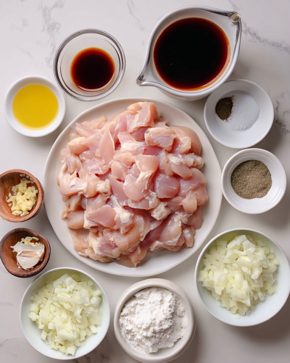 The image shows a white plate in the center filled with raw, sliced chicken pieces that are light pink and shiny. Around this plate, there are several small white bowls and containers holding different ingredients: thinly sliced brown mushrooms in a white bowl to the bottom left, chopped white onions in another white bowl to the bottom right, thick white sour cream in a white bowl at the top right, white flour in a small pile next to the sour cream, and a small brown bowl with minced garlic to the left of the chicken plate. Other bowls contain a yellow mustard sauce, black soy sauce, butter, dark liquid broth in a glass jug, and a mixture of salt and pepper. These items are all placed on a white marbled surface. photo taken with an iphone --ar 4:5 --v 7