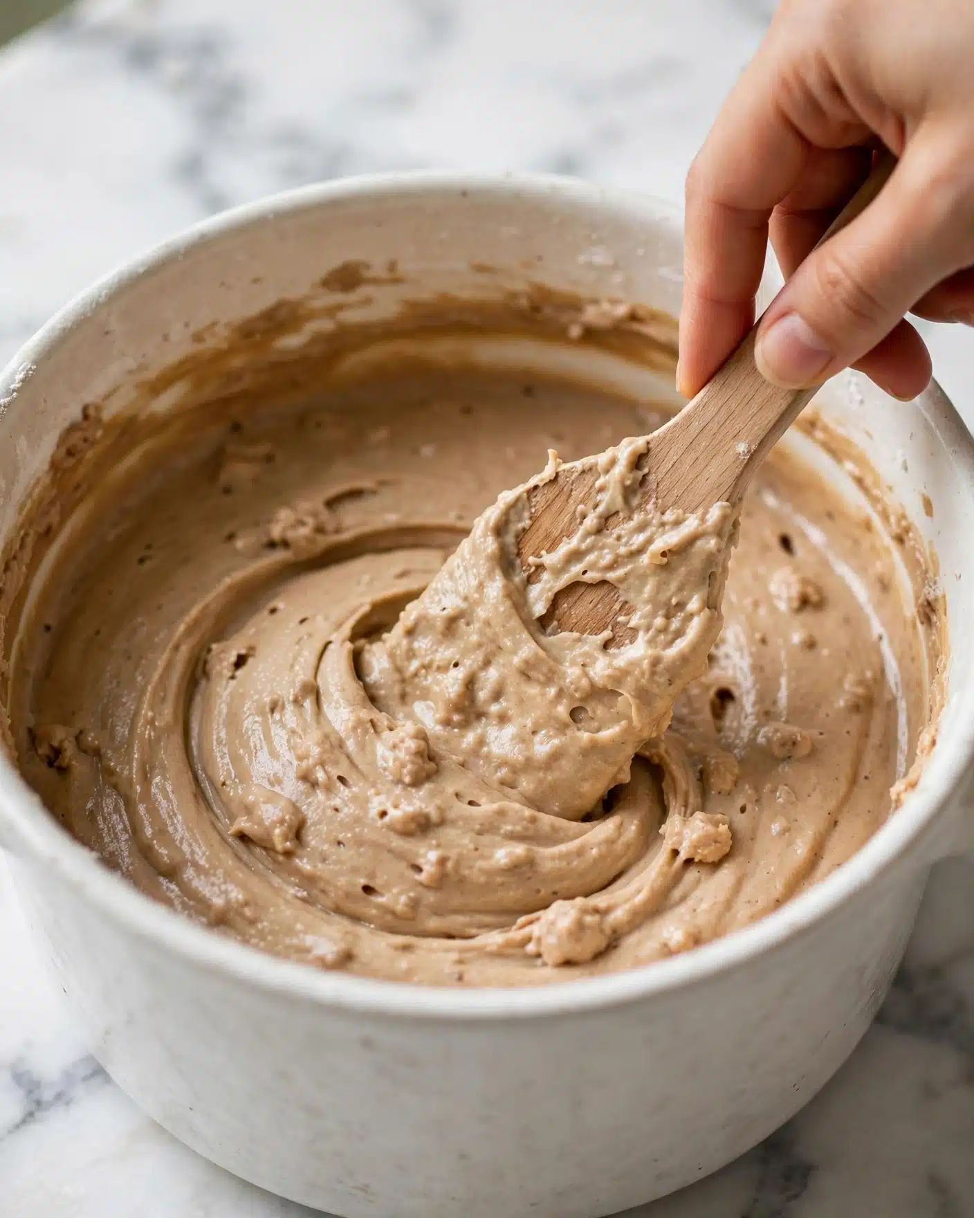 A close-up of a thick light brown batter or dough being stirred in a white pot with a wooden spatula. The texture is smooth with small lumps, and the batter appears creamy and dense. The spatula is partially coated in the batter, held by a woman's hand, mixing the mixture slowly. The background is a white marbled texture. photo taken with an iphone --ar 4:5 --v 7