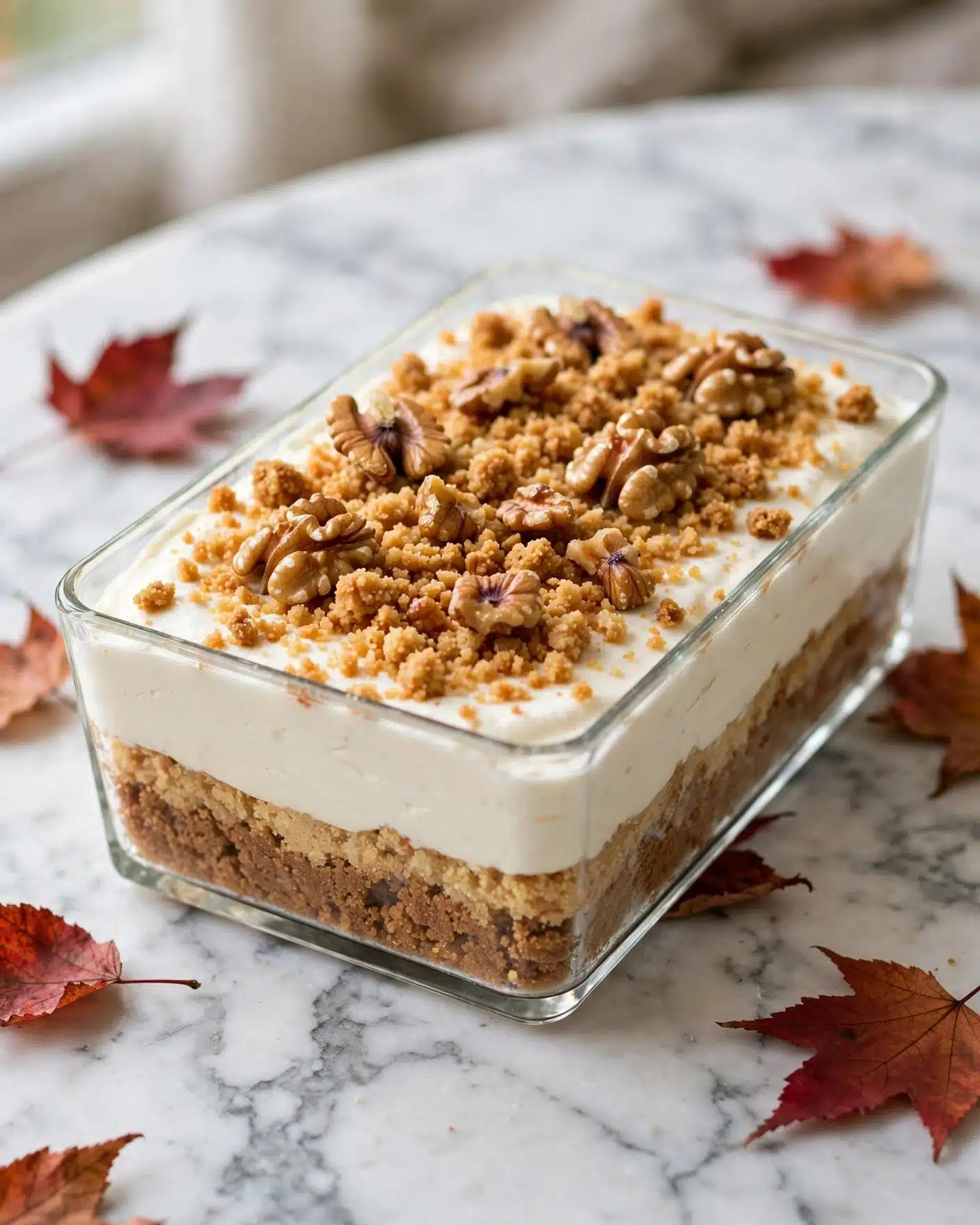A transparent glass rectangular dish shows a layered dessert with a thick white cream layer on top, sprinkled generously with small golden brown crumbs and walnut pieces. Beneath the cream, hints of the light brown base can be seen through the glass sides. The dish rests on a white marbled surface with a few red autumn leaves placed nearby. The top layer’s texture is smooth but topped with rough, crunchy nut and crumb pieces, adding contrast. Photo taken with an iphone --ar 4:5 --v 7